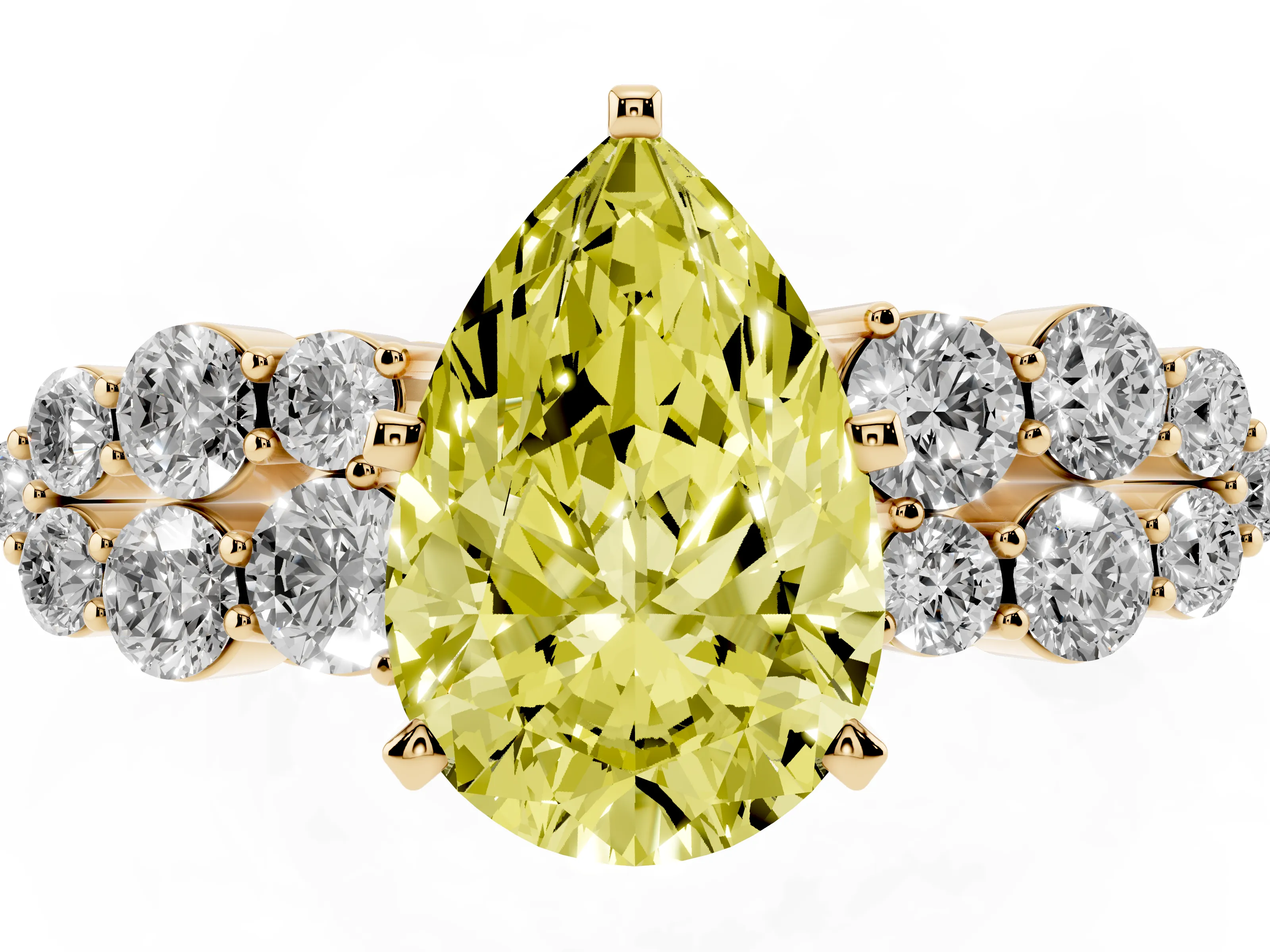 Fancy Yellow Pear Cut Diamond Cluster Engagement Ring Set in Yellow gold with Pavé Band and Prong Setting