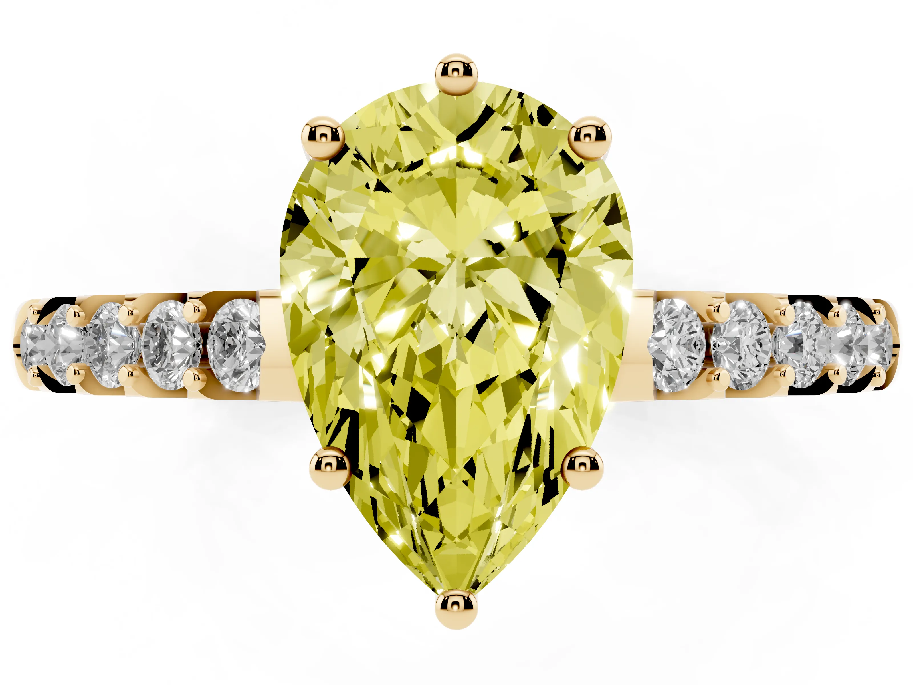 Fancy Yellow Pear Cut Diamond Solitaire Engagement Ring Set in Yellow gold with Pavé Band and Prong Setting