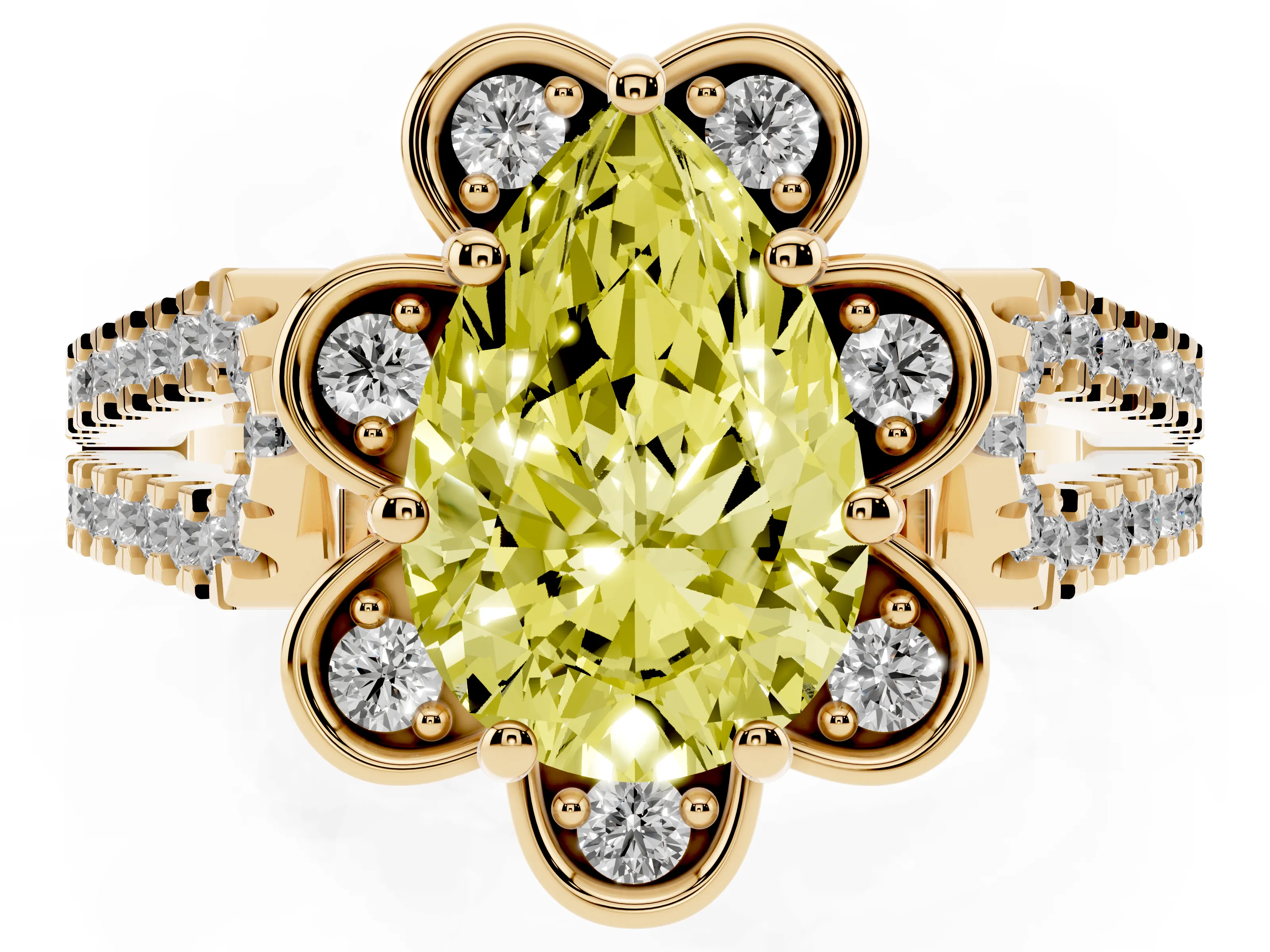 Fancy Yellow Pear Cut Diamond Floral Halo Split Shank Engagement Ring Set in Yellow gold with Pavé Shank