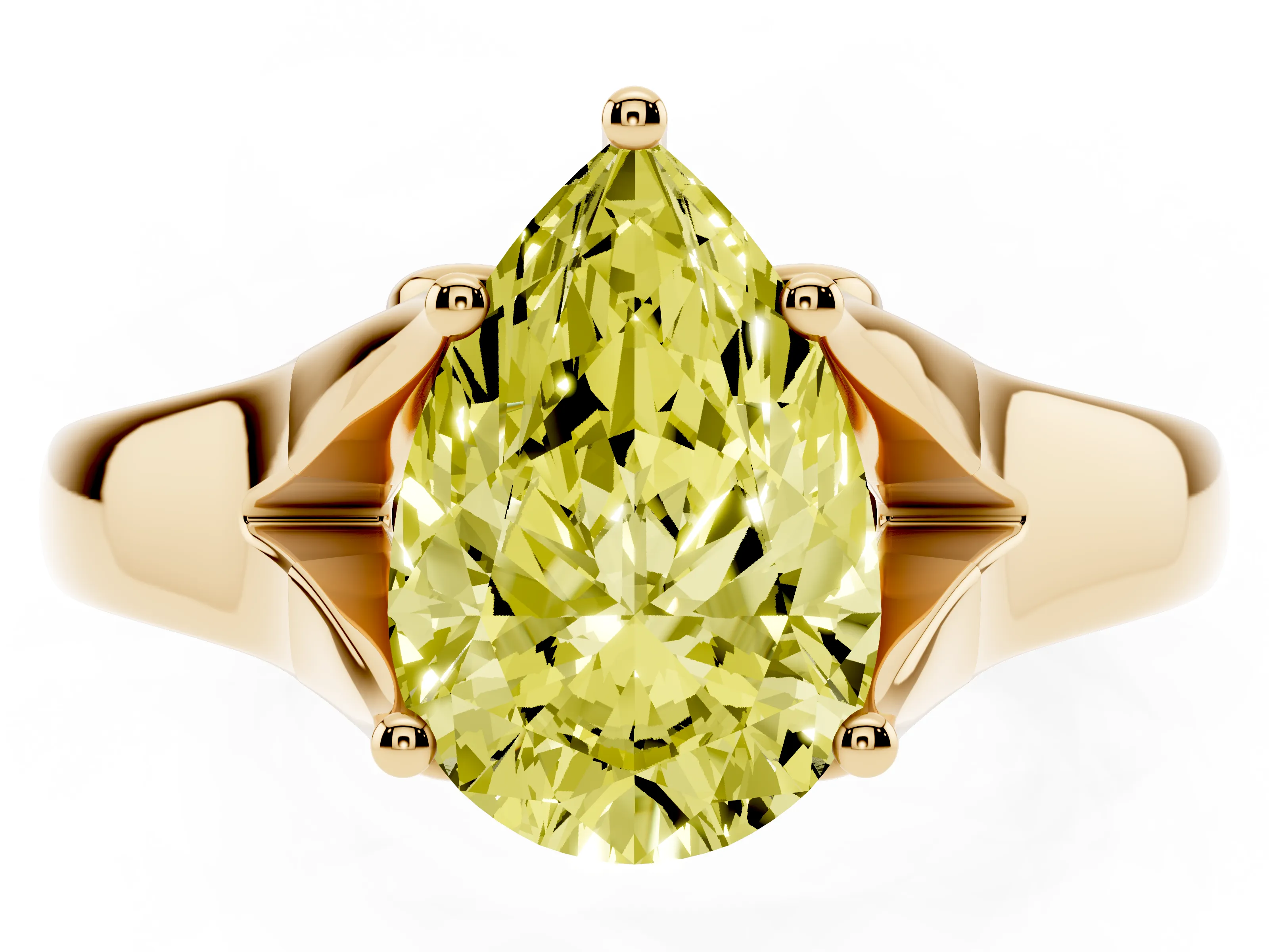 Fancy Yellow Pear Cut Diamond Solitaire Ring Set in Yellow gold with Arched Cathedral Band and Prong Setting