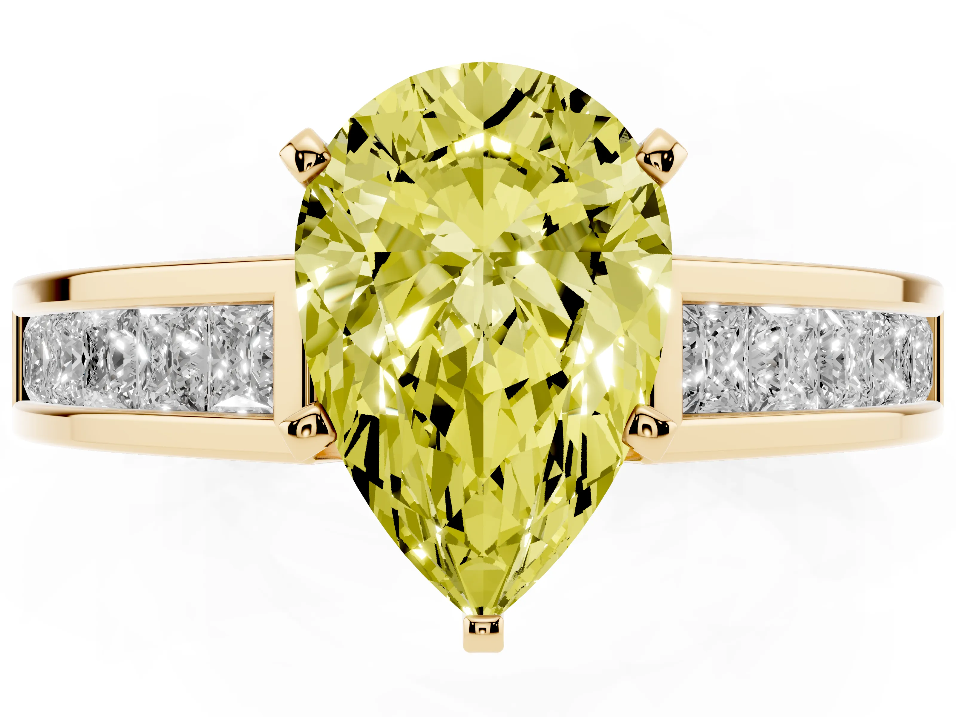 Fancy Yellow Pear Cut Diamond Solitaire Ring Set in Yellow gold with Channel-Set Band and Prong Setting