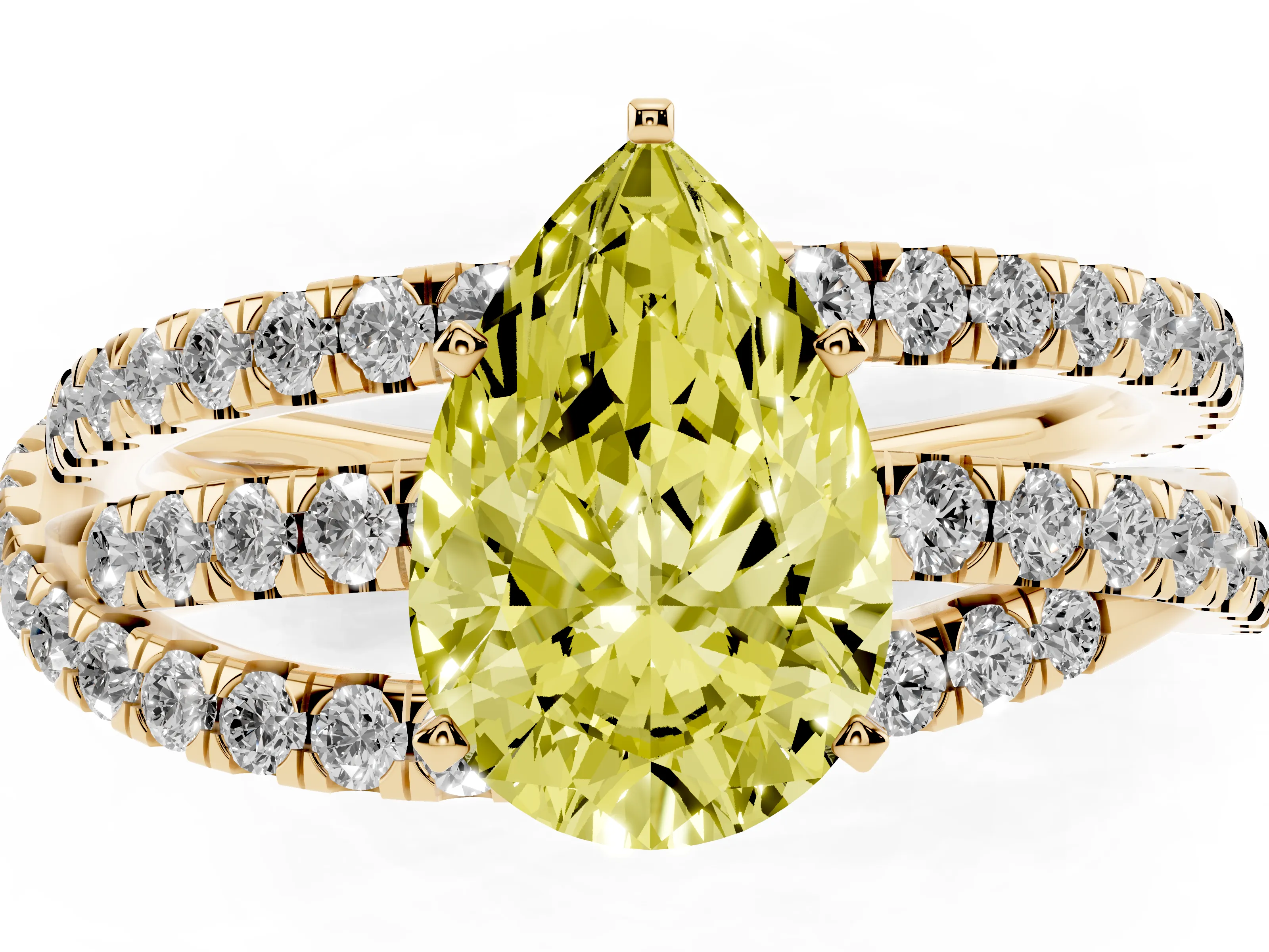 Fancy Yellow Pear Cut Diamond Solitaire Twist Band Ring Set in Yellow gold with Pavé Setting and Prong Head