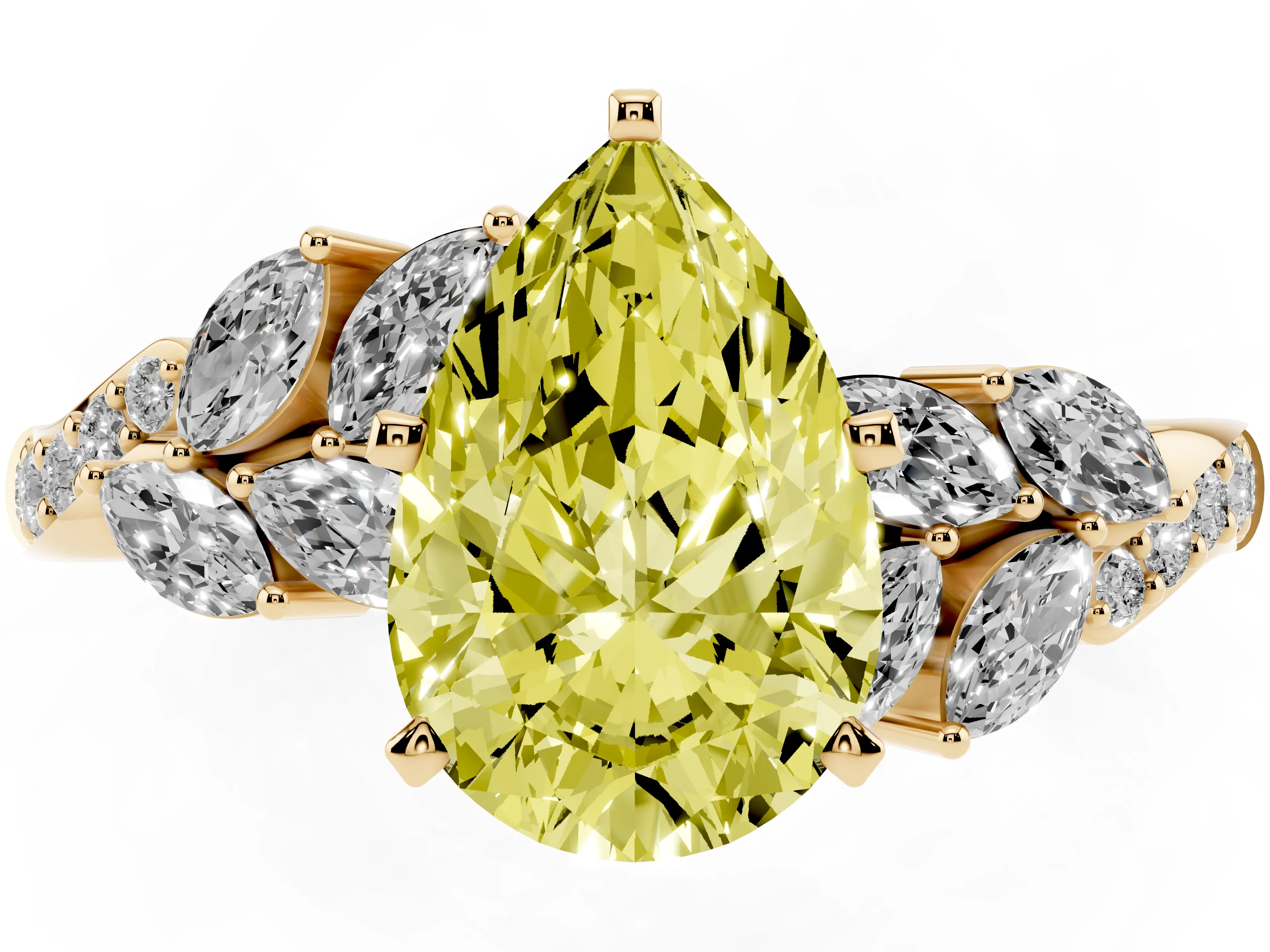 Fancy Yellow Pear Cut Diamond Solitaire Ring Set in Yellow gold with Marquise Twist Band and Prong Setting