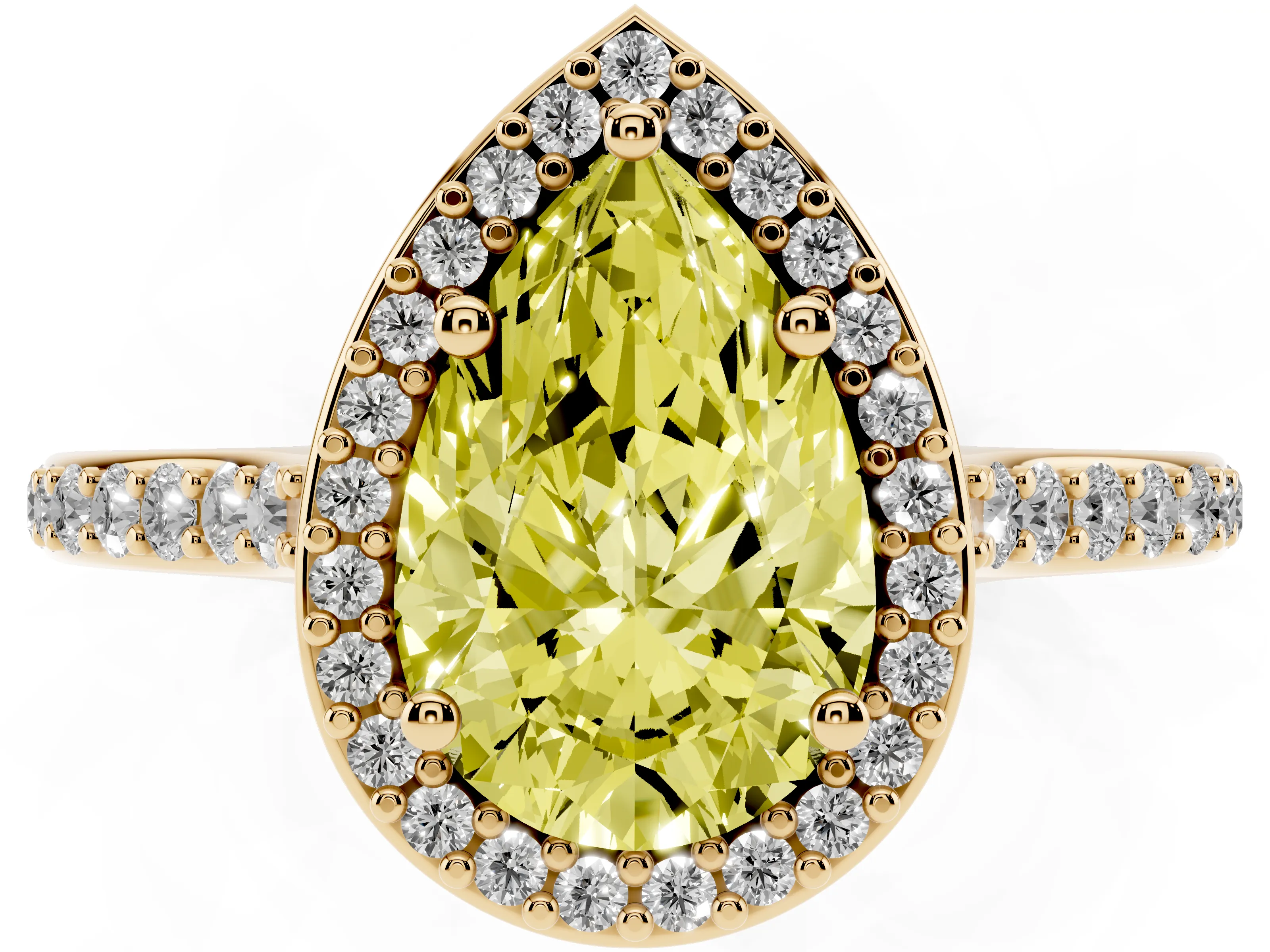 Fancy Yellow Pear Cut Diamond Halo Engagement Ring Set in Yellow gold with Round Pavé Shoulders and Heart Gallery