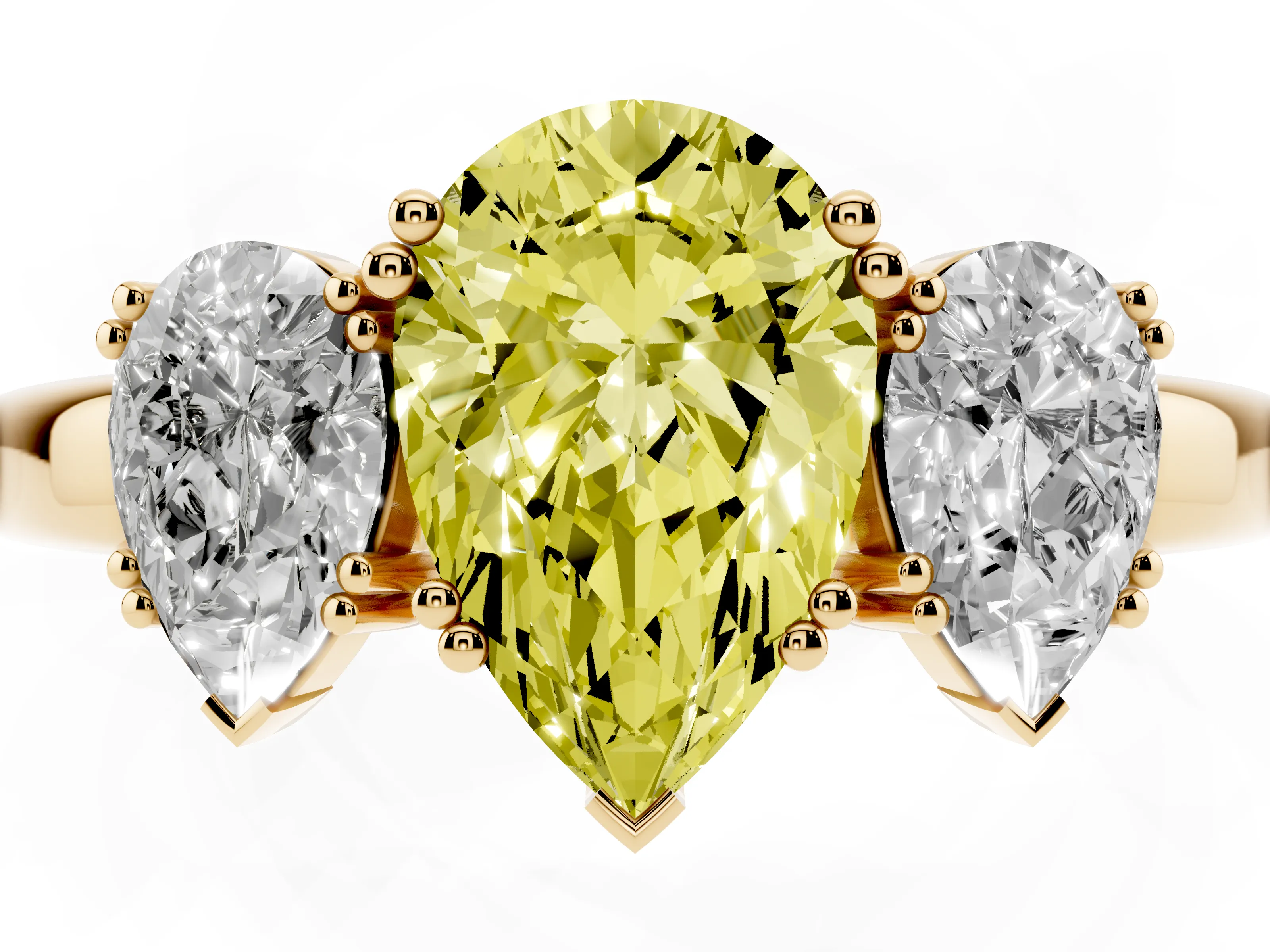 Fancy Yellow Pear Cut Diamond Three-Stone Ring Set in Yellow gold with Polished Channel-Set Band