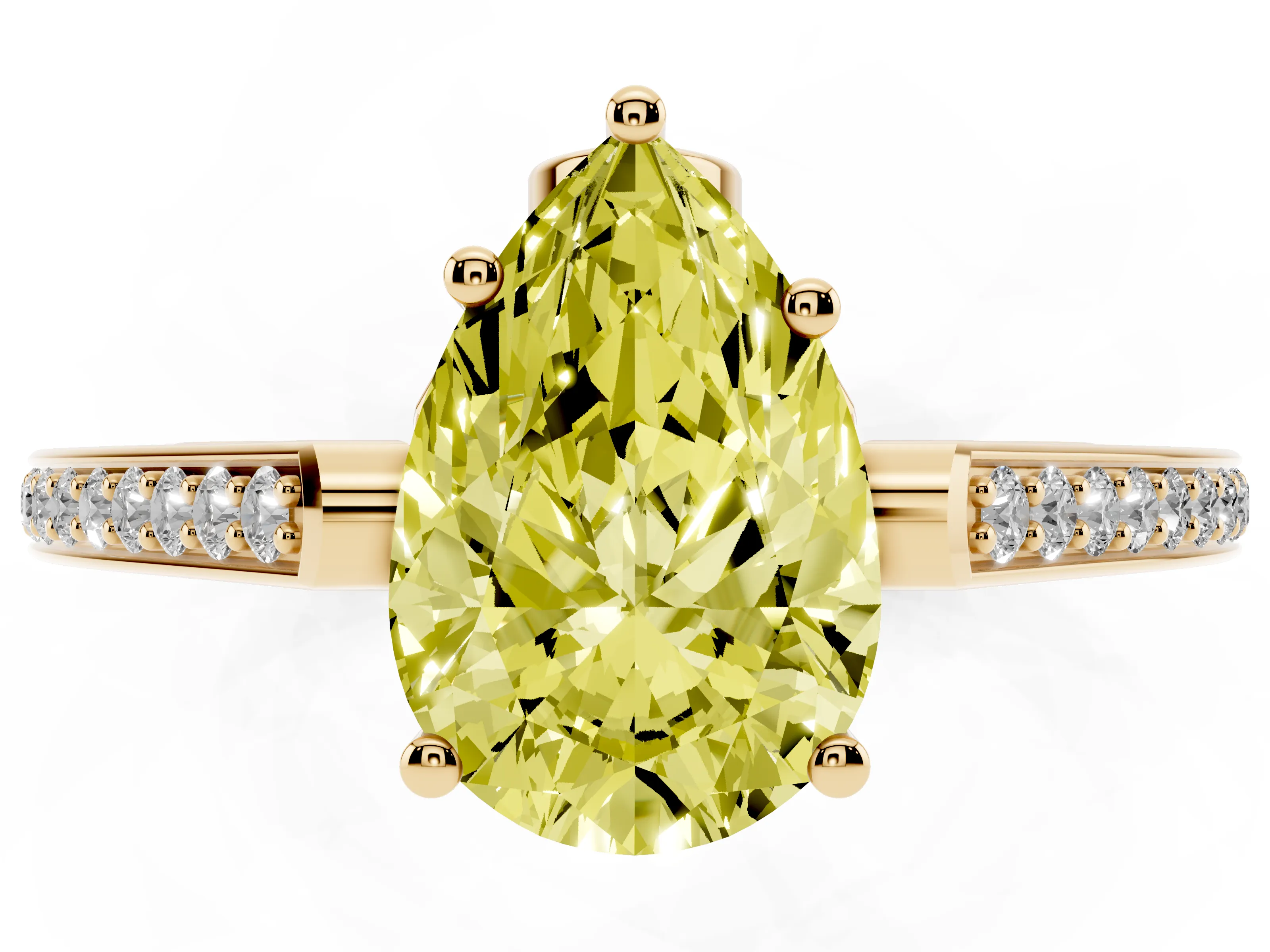 Fancy Yellow Pear Cut Diamond Cathedral Pavé Engagement Ring Set in Yellow gold with Prong Setting