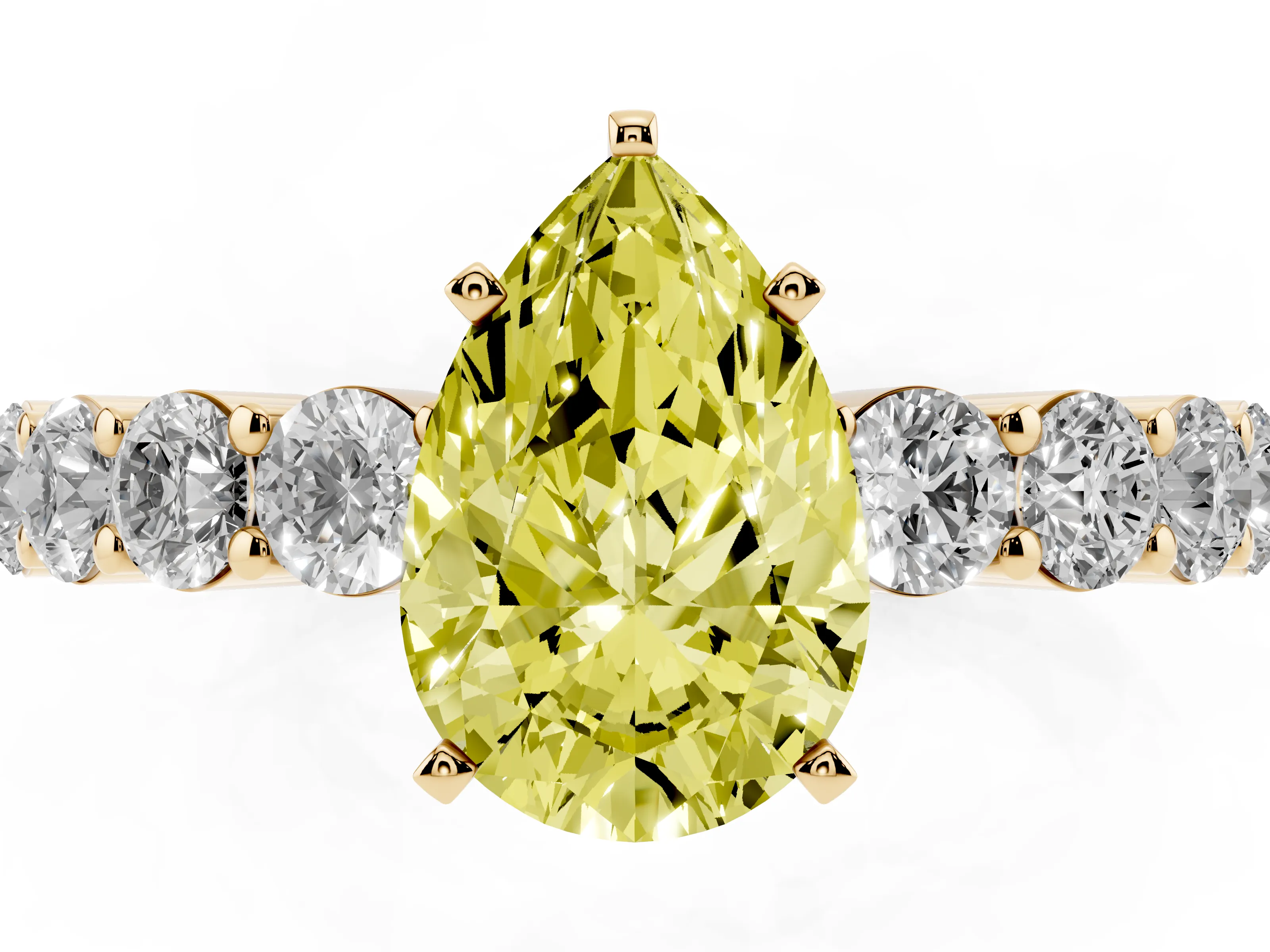 Fancy Yellow Pear Cut Diamond Solitaire Ring Set in Yellow gold with Shared Prong Round Side Stones