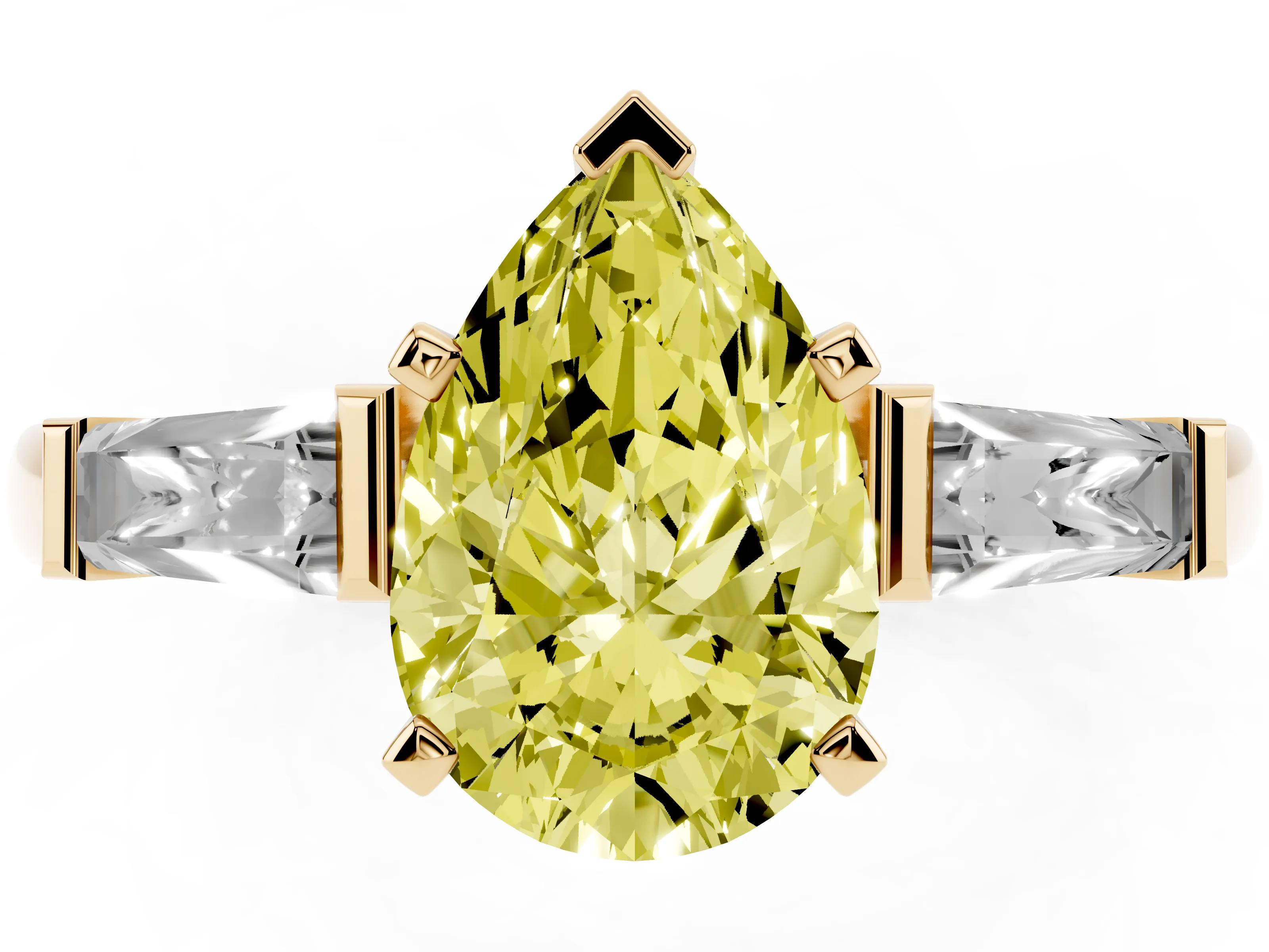 Fancy Yellow Pear Cut Diamond Solitaire Ring Set in Yellow gold with Tapered Baguette Side Stones and Prong Setting