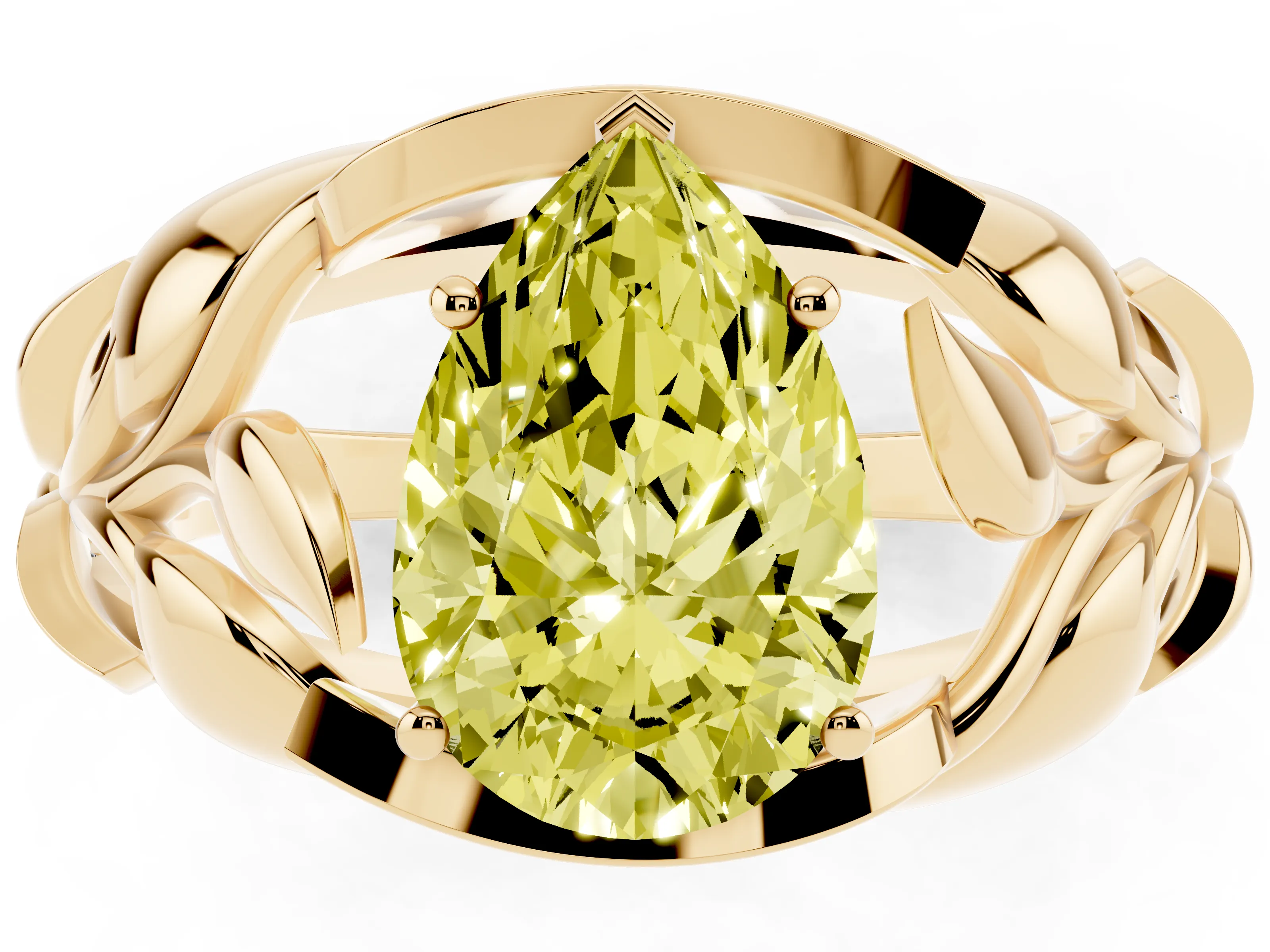 Fancy Yellow Pear Cut Diamond Leaf-Inspired Engagement Ring Set in Yellow gold with Round Accents