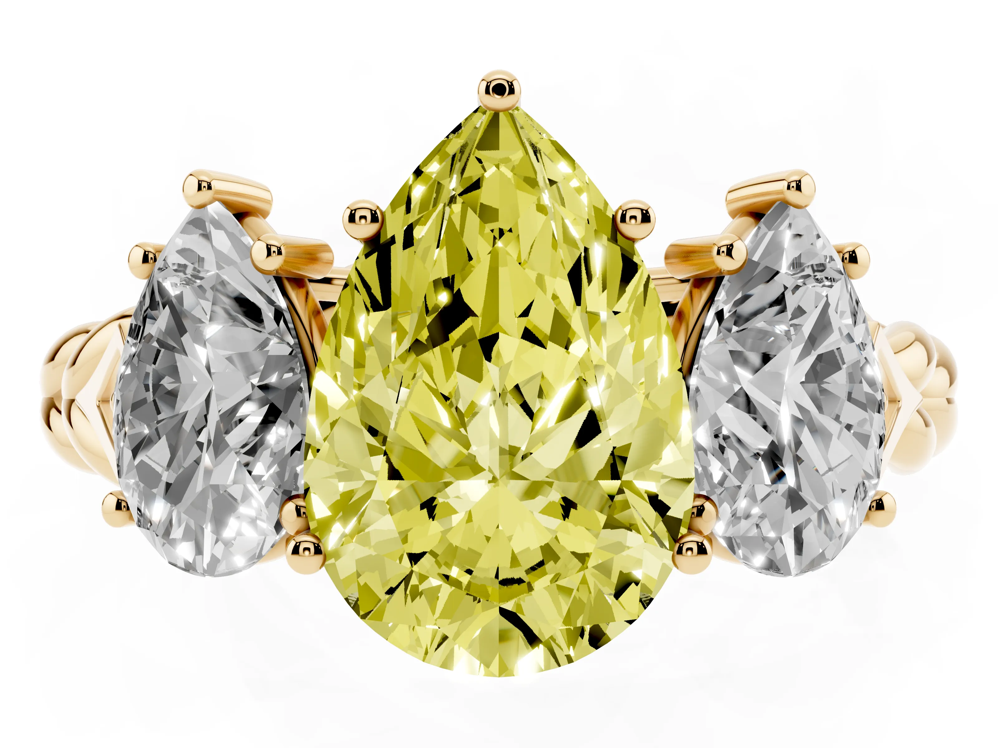 Fancy Yellow Pear Cut Diamond Three-Stone Ring Set in Yellow gold with Braided Band