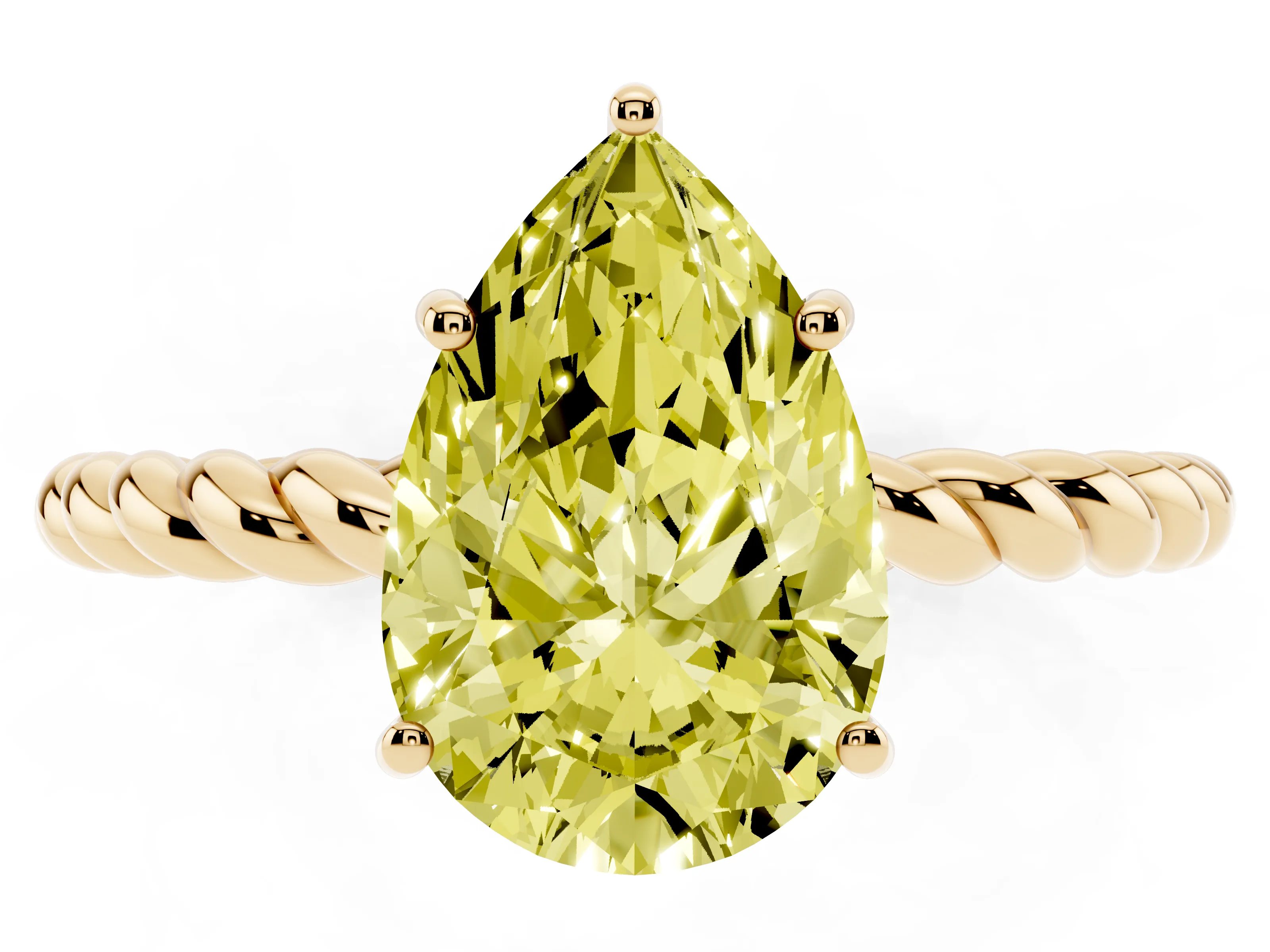Fancy Yellow Pear Cut Diamond Solitaire Ring Set in Yellow gold with Twist Band and Prong Setting