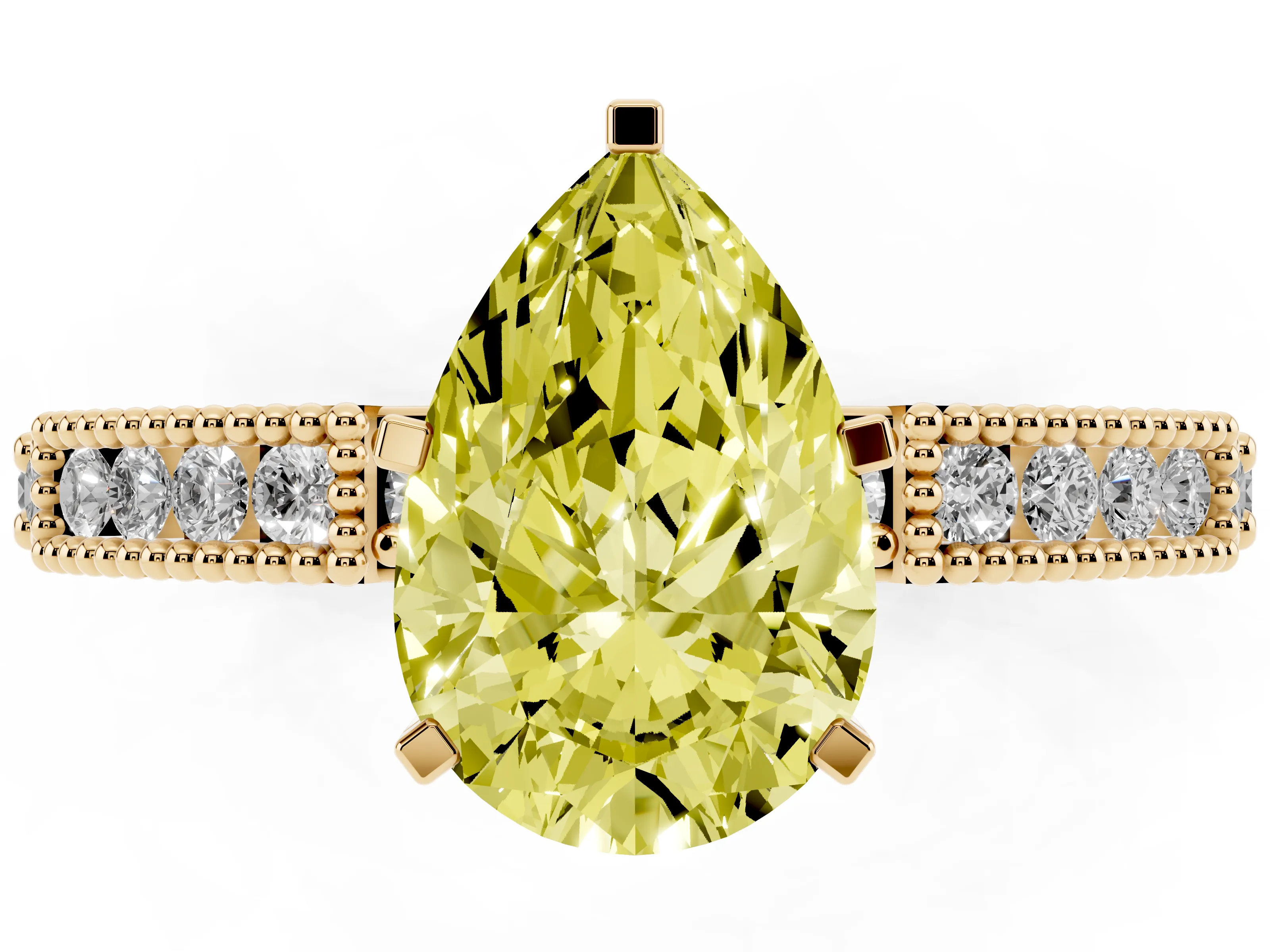 Fancy Yellow Pear Cut Diamond Solitaire Ring Set in Yellow gold with Slim Pavé Band and Prong Setting