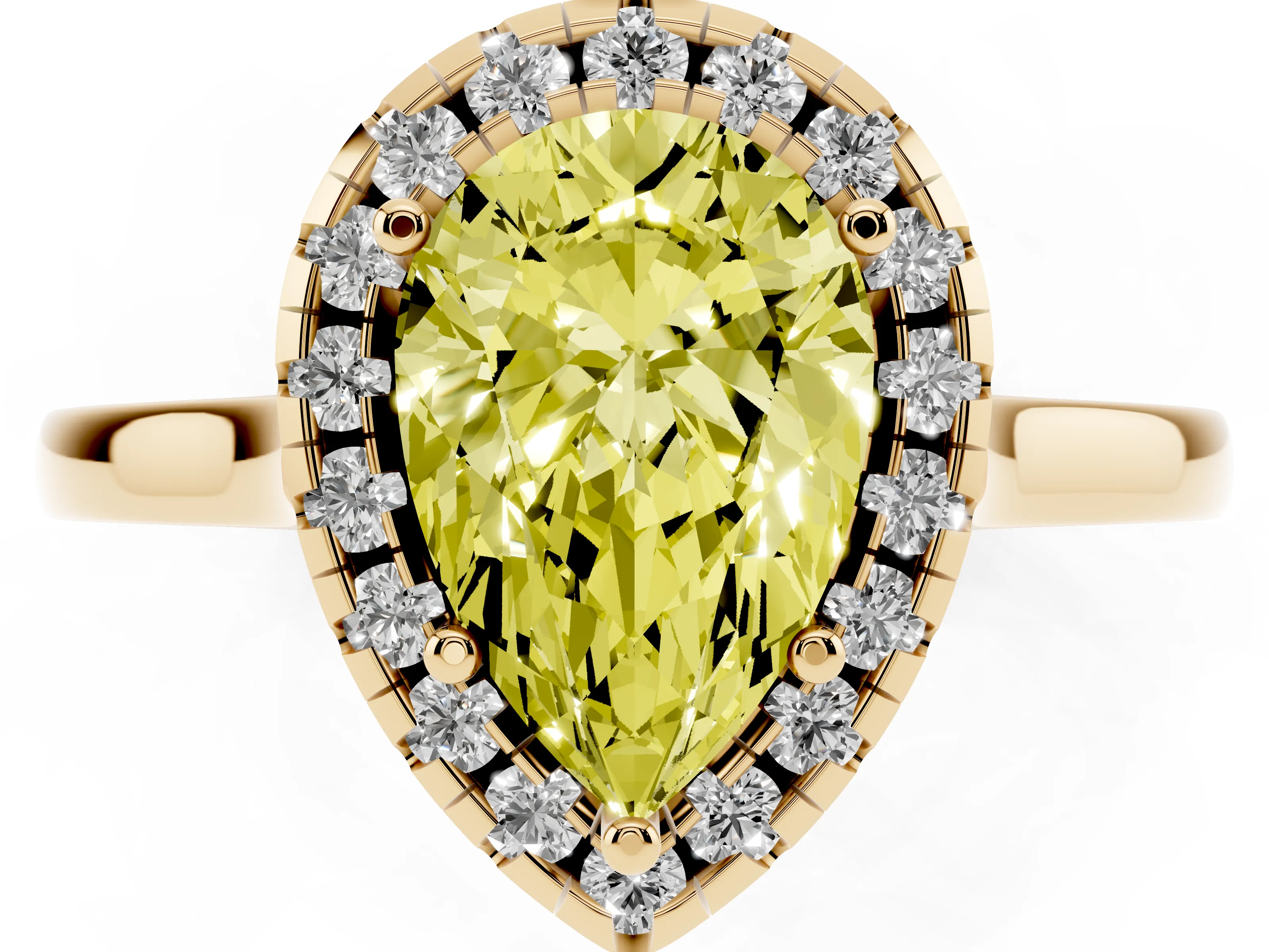 Fancy Yellow Pear Cut Halo Round Diamond Solitaire Ring Set in Yellow gold with Pavé Band and Prong Setting