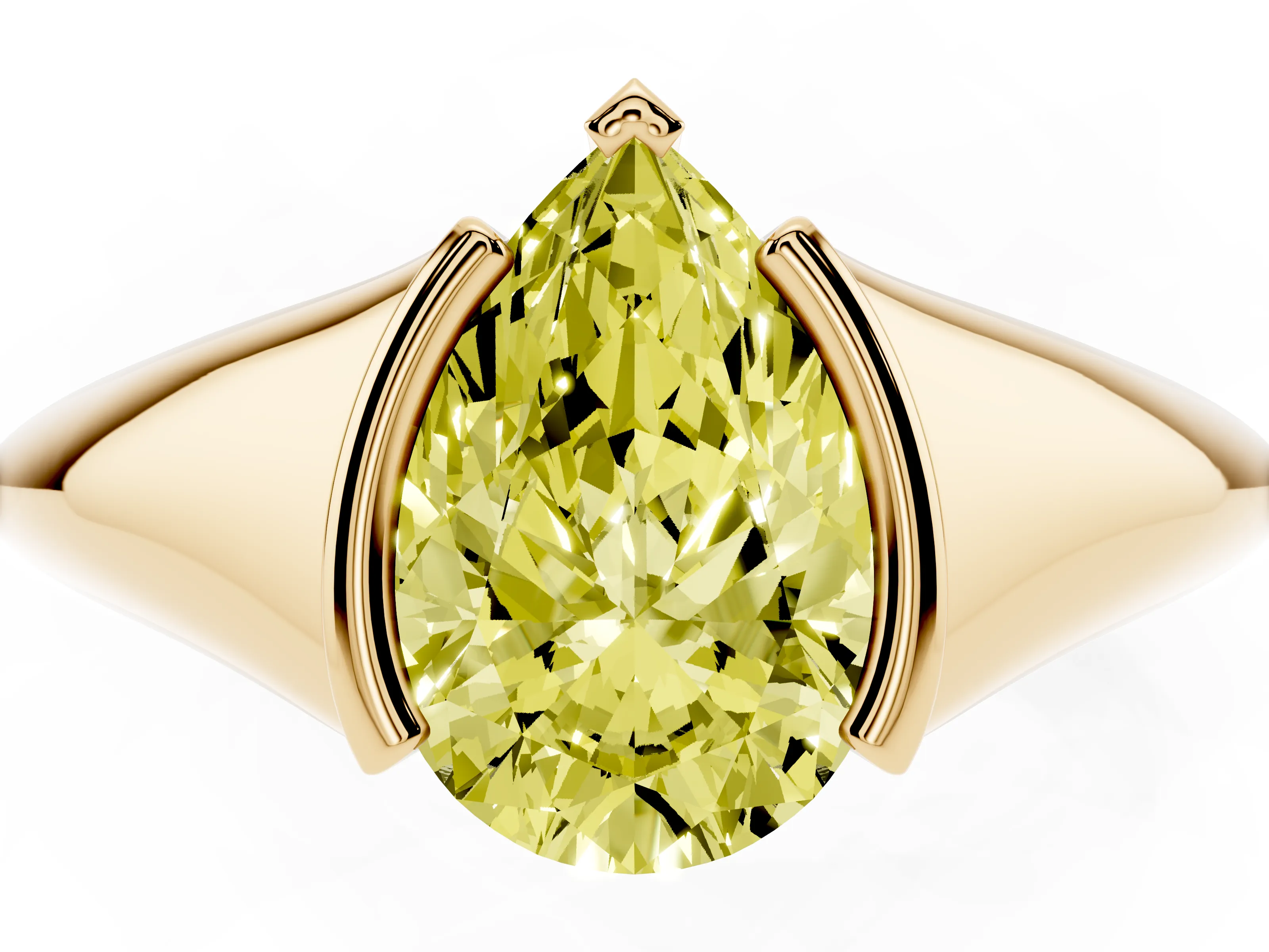 Fancy Yellow Pear Cut Diamond Solitaire Tension Set Ring Set in Yellow gold