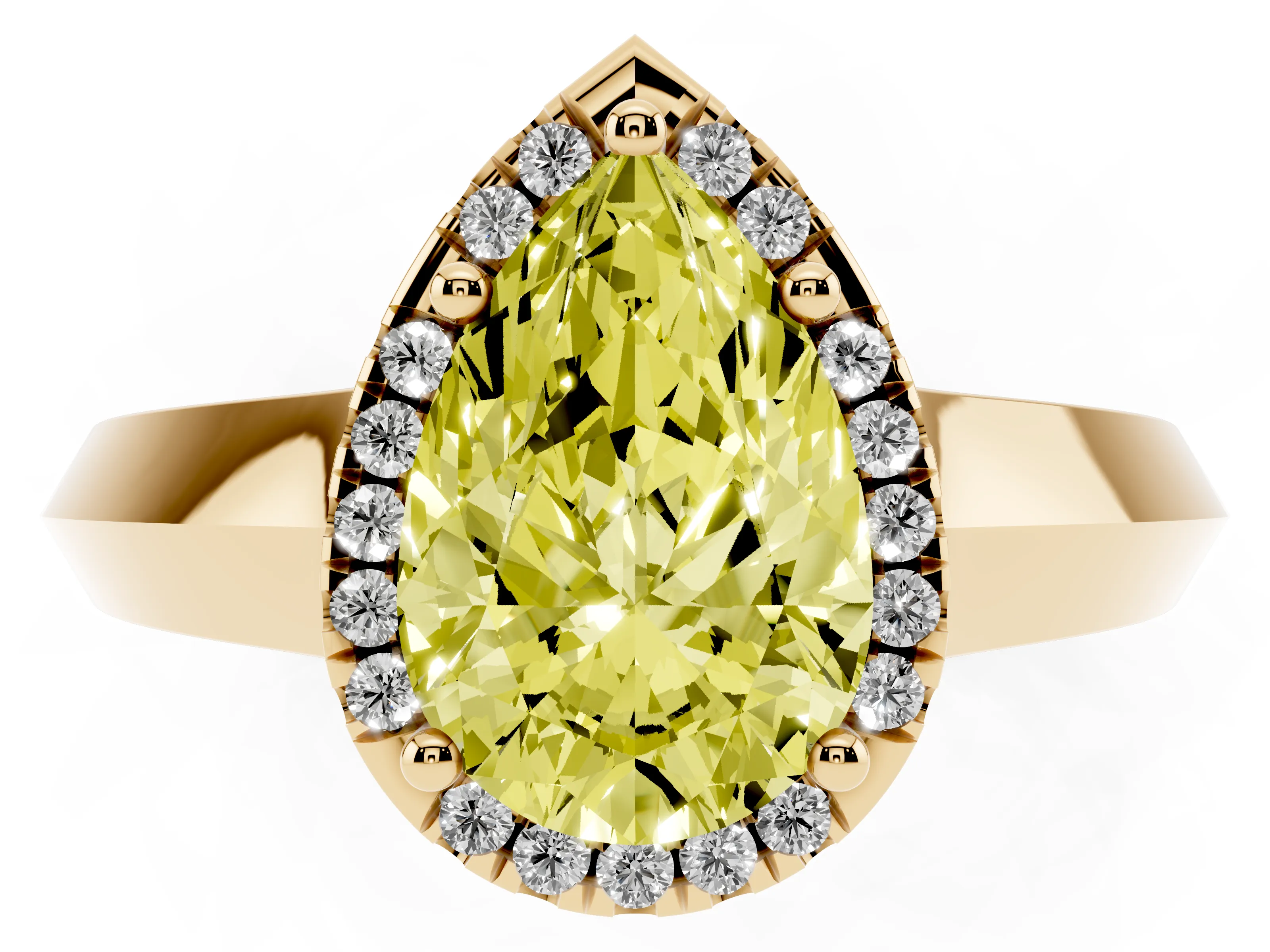 Fancy Yellow Pear Cut Diamond Halo Ring Set in Yellow gold with Cathedral Band and Prong Setting