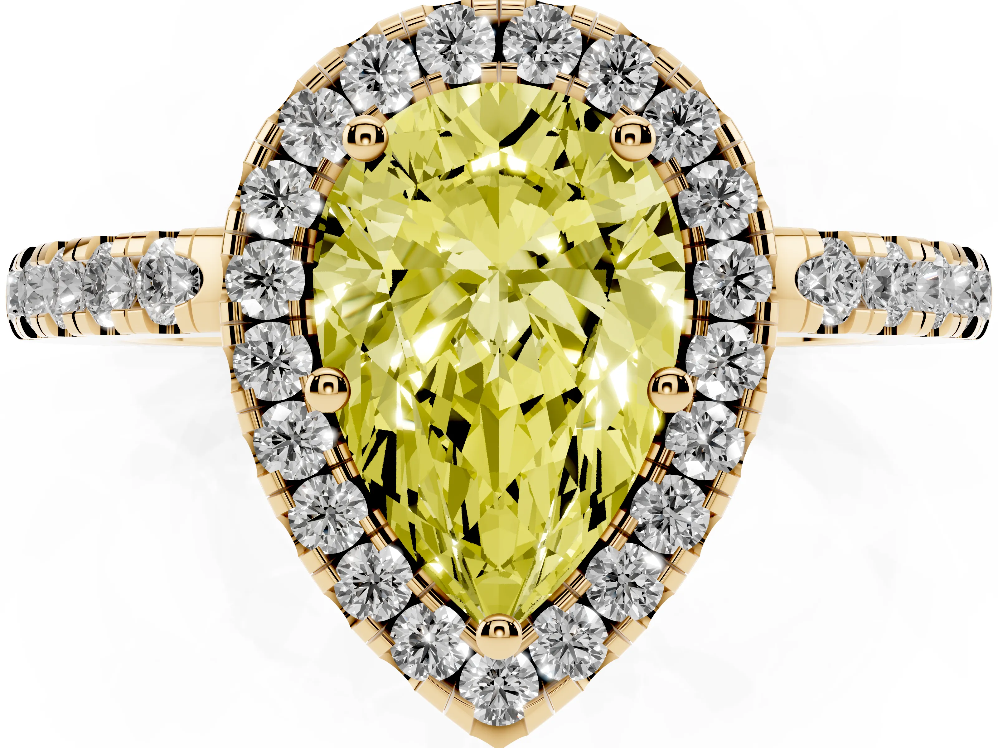 Fancy Yellow Pear Cut Diamond Pavé Band Halo Engagement Ring Set in Yellow gold with Prong Setting