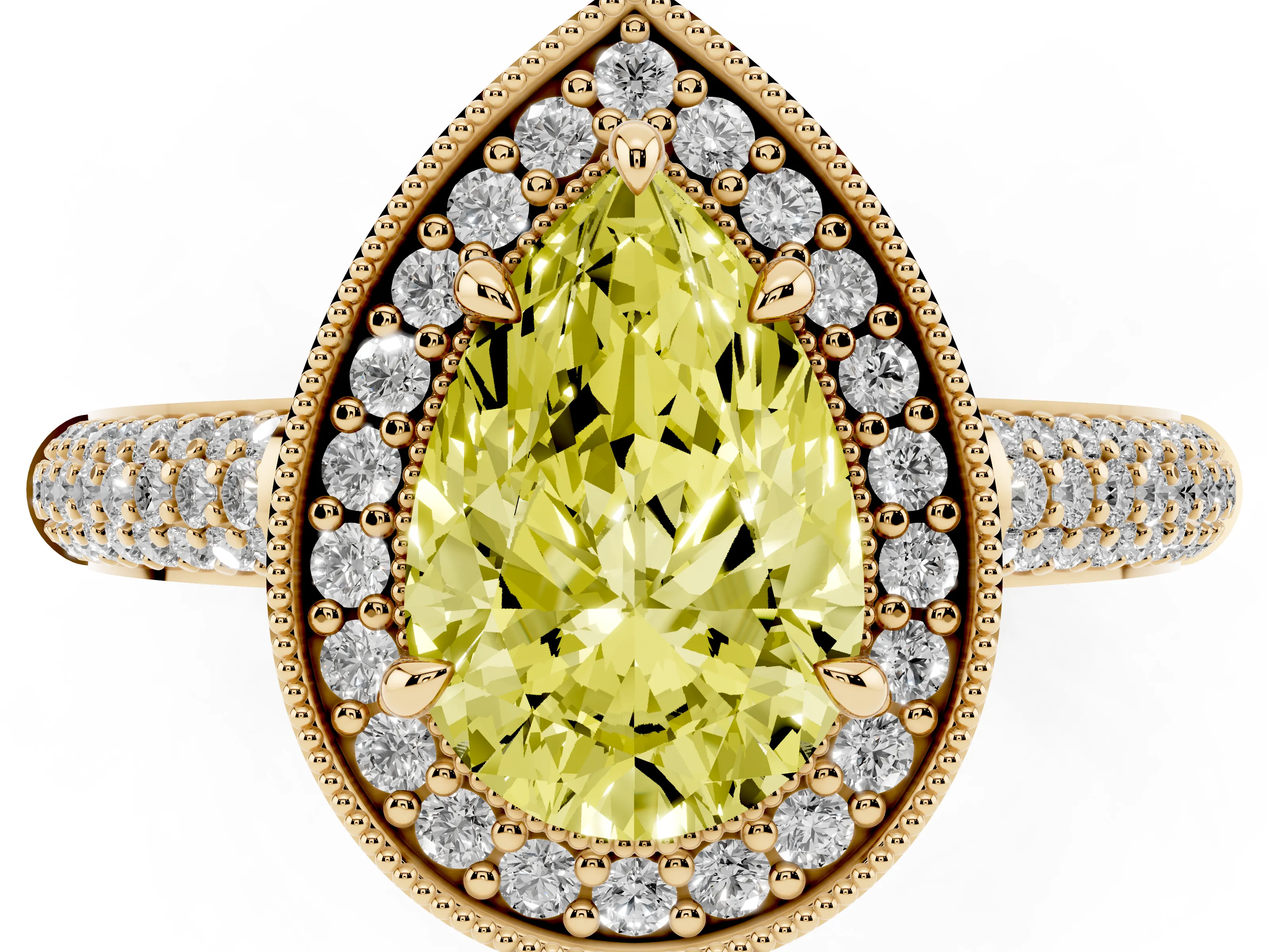 Fancy Yellow Pear Cut Diamond Halo Pavé Band Set in Yellow gold with Prong Setting