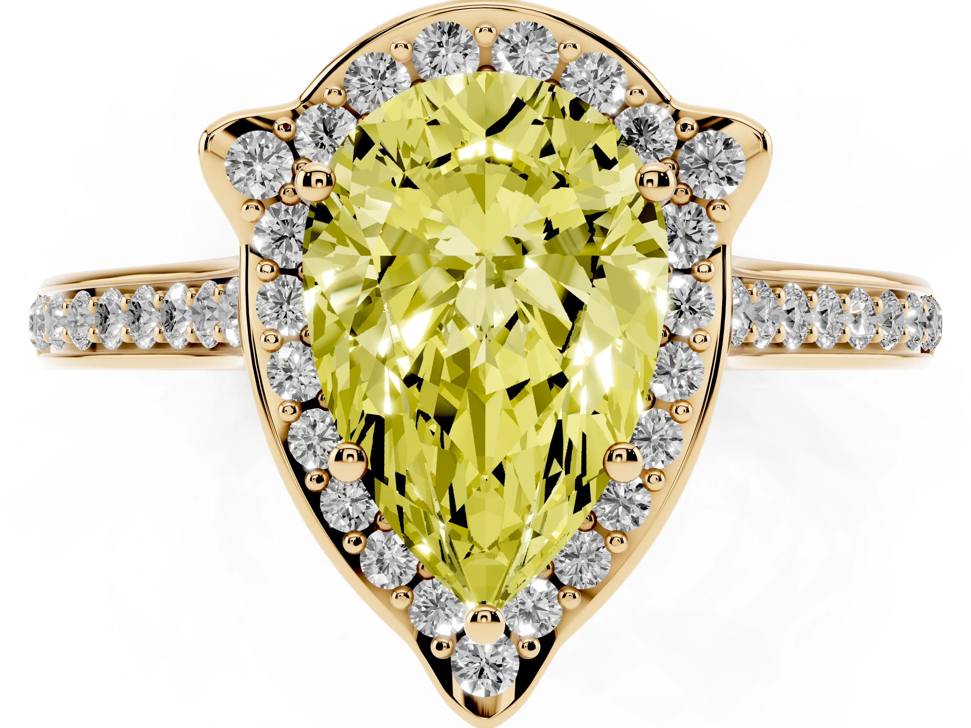 Fancy Yellow Pear Cut Diamond Halo Ring Set in Yellow gold with Pavé-Lined Shoulders and Prong Setting