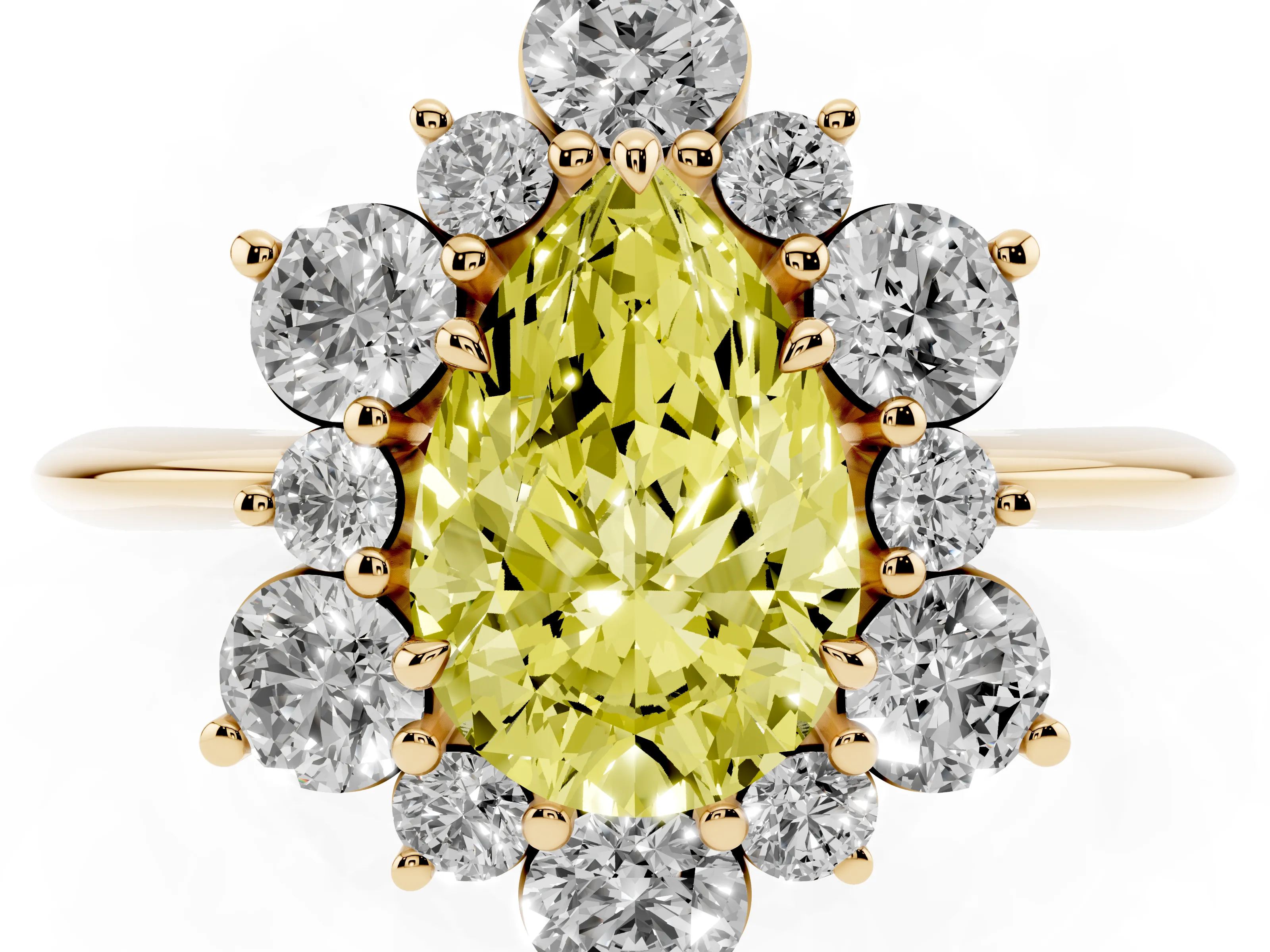 Fancy Yellow Pear Cut Diamond Cluster Halo Ring Set in Yellow gold with Solitaire Band and Prong Setting