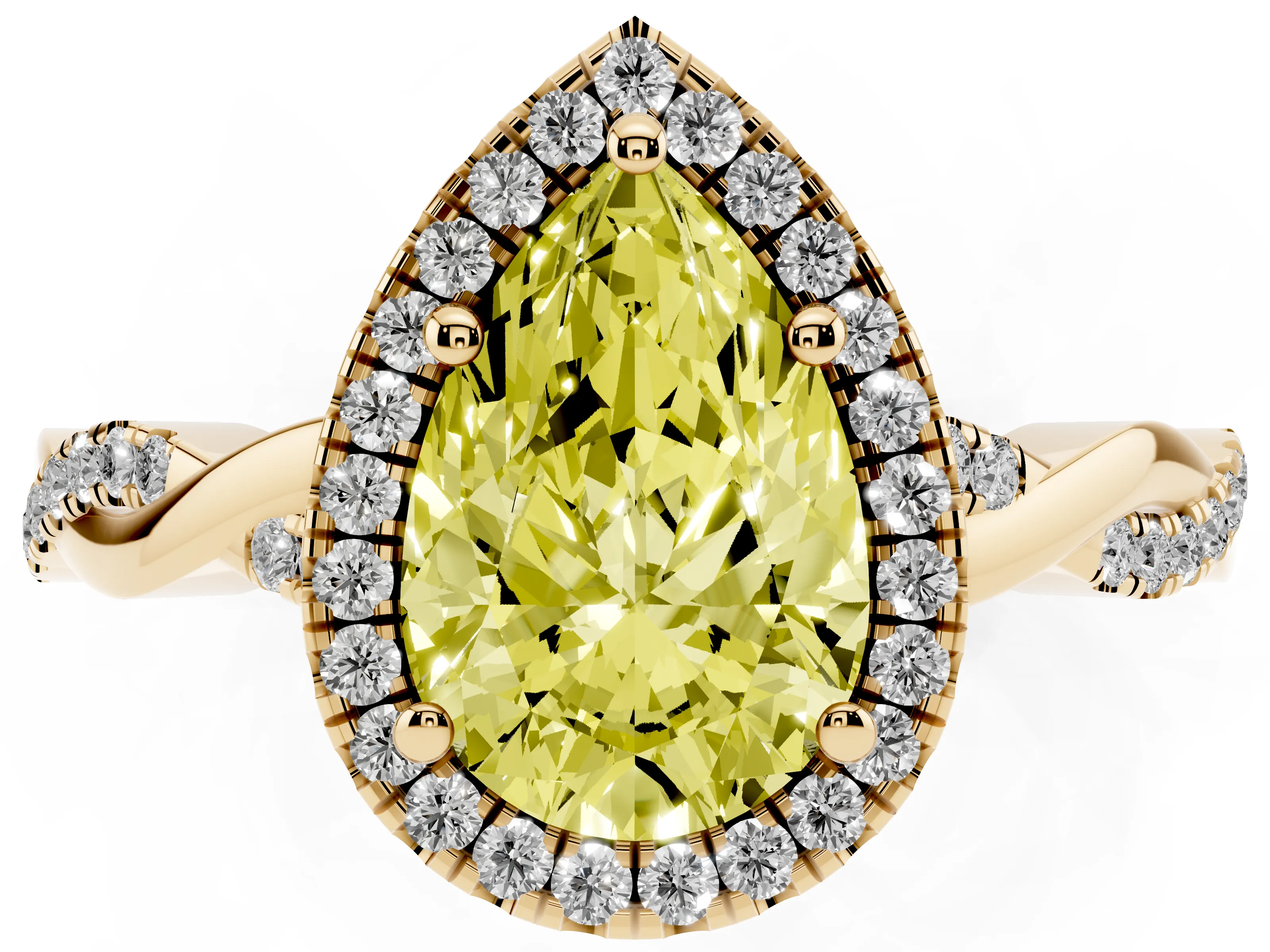 Fancy Yellow Pear Cut Diamond Halo Twisted Band Ring Set in Yellow gold with Prong Setting
