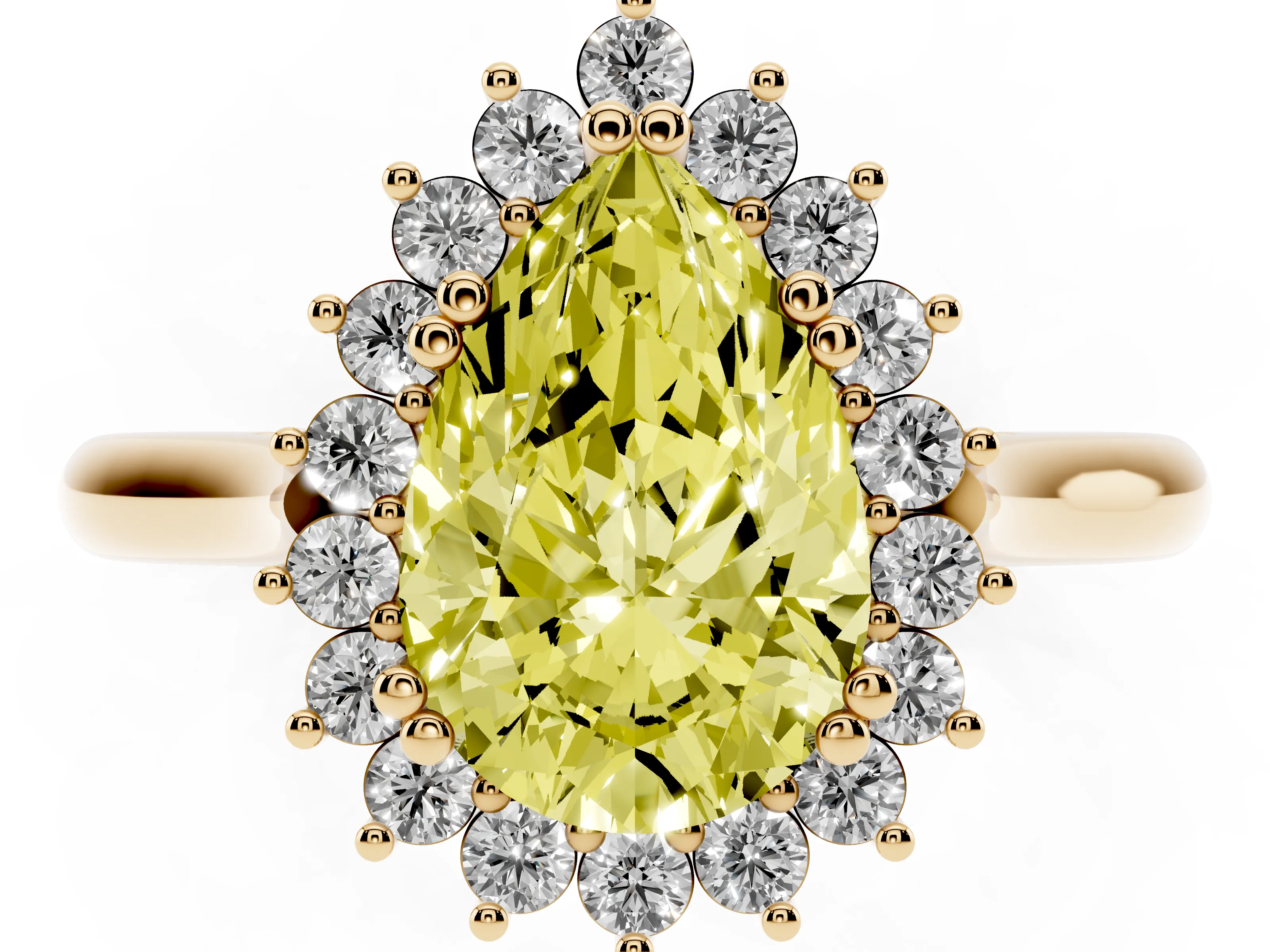 Fancy Yellow Pear Cut Diamond Halo Ring Set in Yellow gold with Plain Solitaire Band and Prong Setting