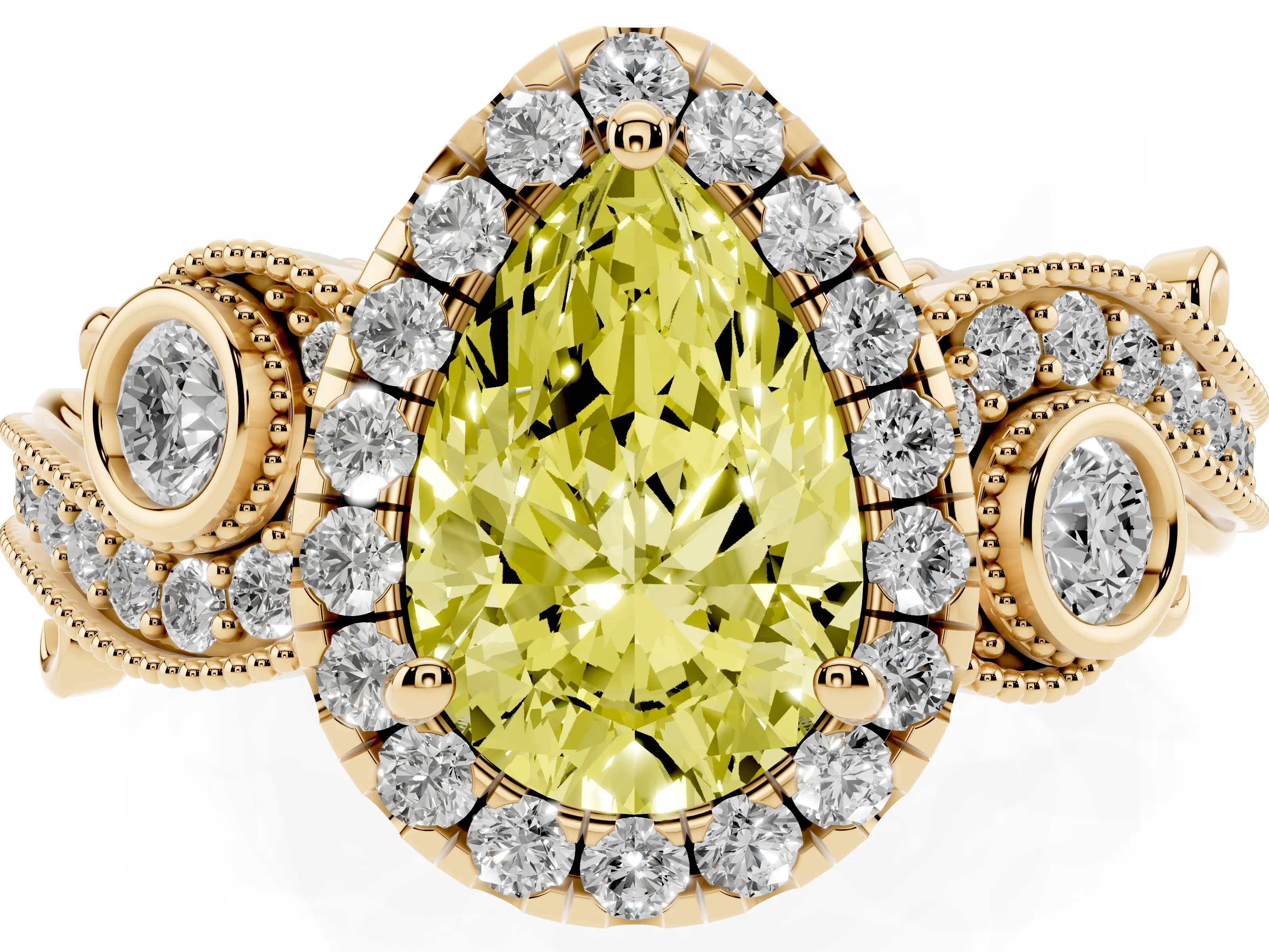 Fancy Yellow Pear Cut Diamond Halo Ring Set in Yellow gold with Milgrain Pavé Band and Prong Setting