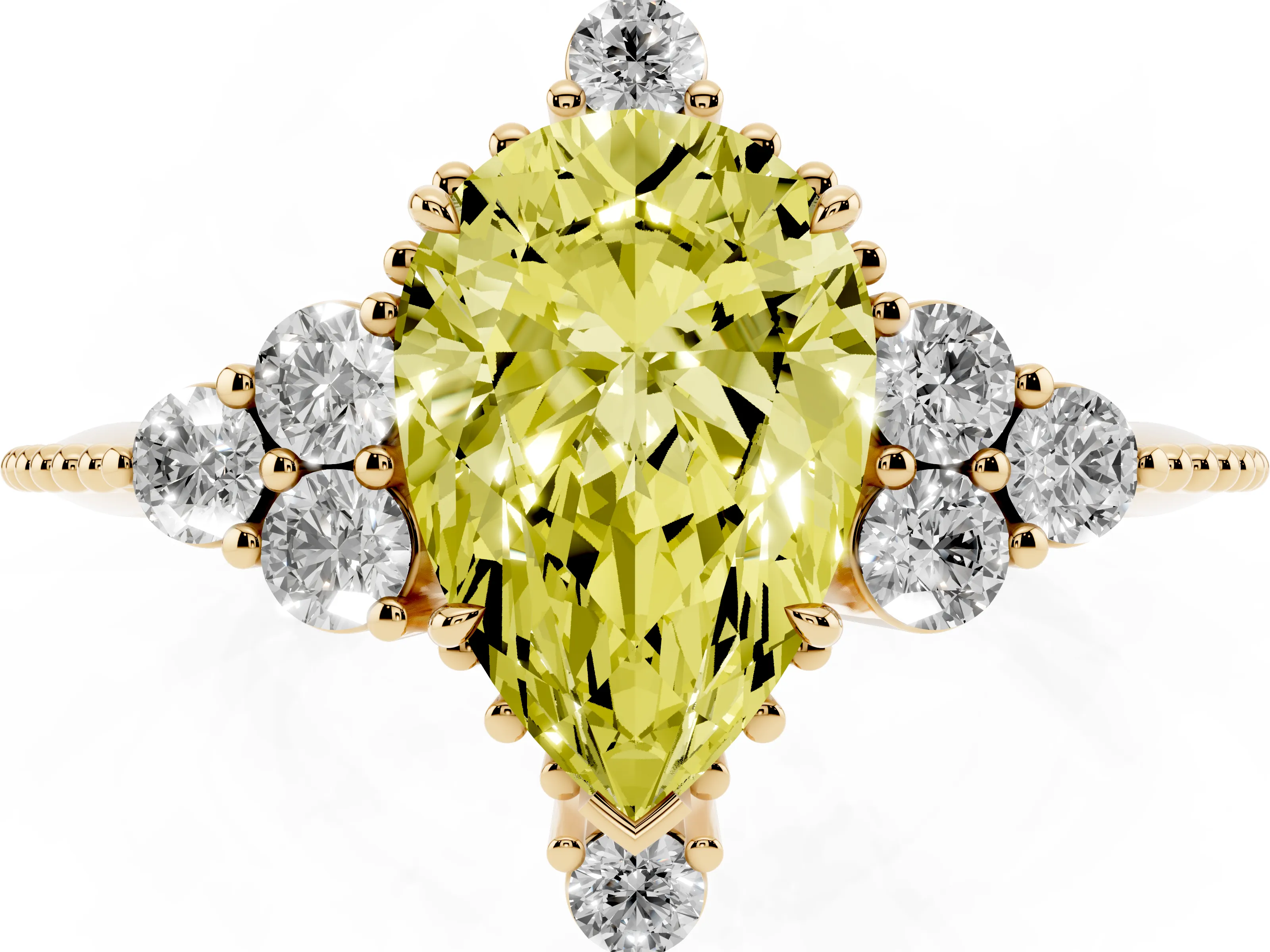 Fancy Yellow Pear Cut Diamond Cluster Ring Set in Yellow gold with Beaded Band