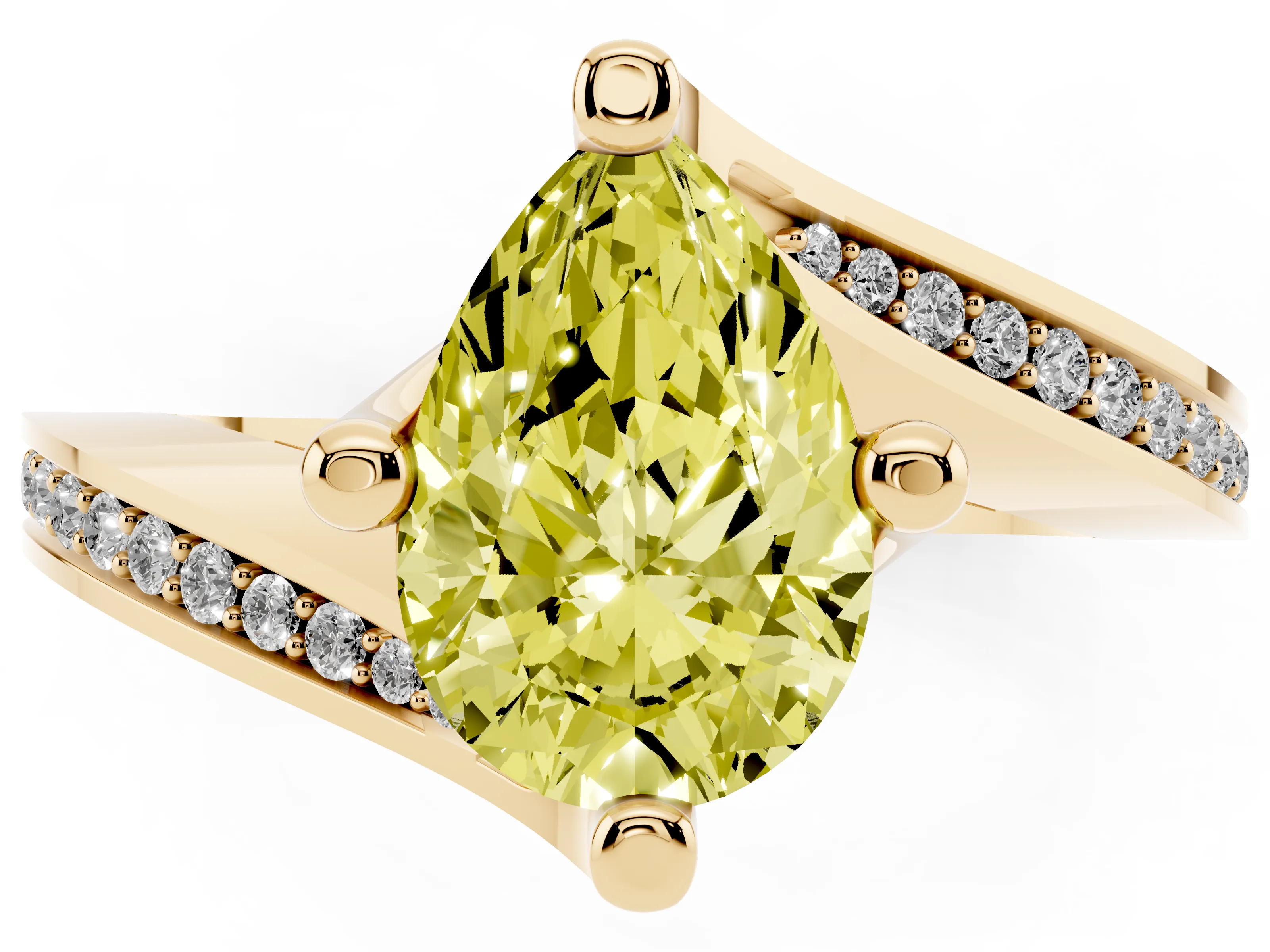 Fancy Yellow Pear Cut Diamond Solitaire Ring Set in Yellow gold with Intertwined Pavé Twist Band