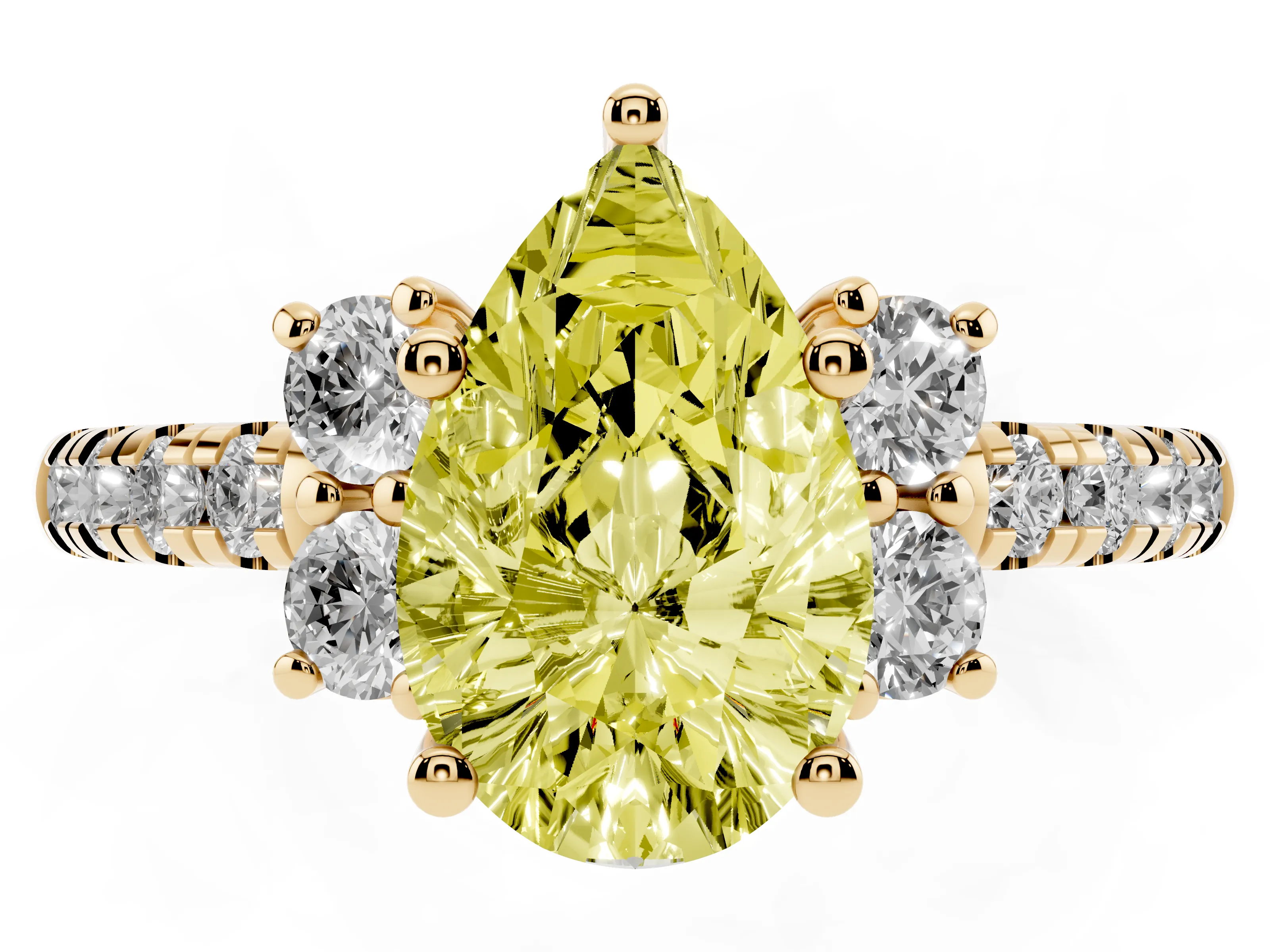 Fancy Yellow Pear Cut Diamond Three-Stone Pavé Ring Set in Yellow gold with Prong Setting