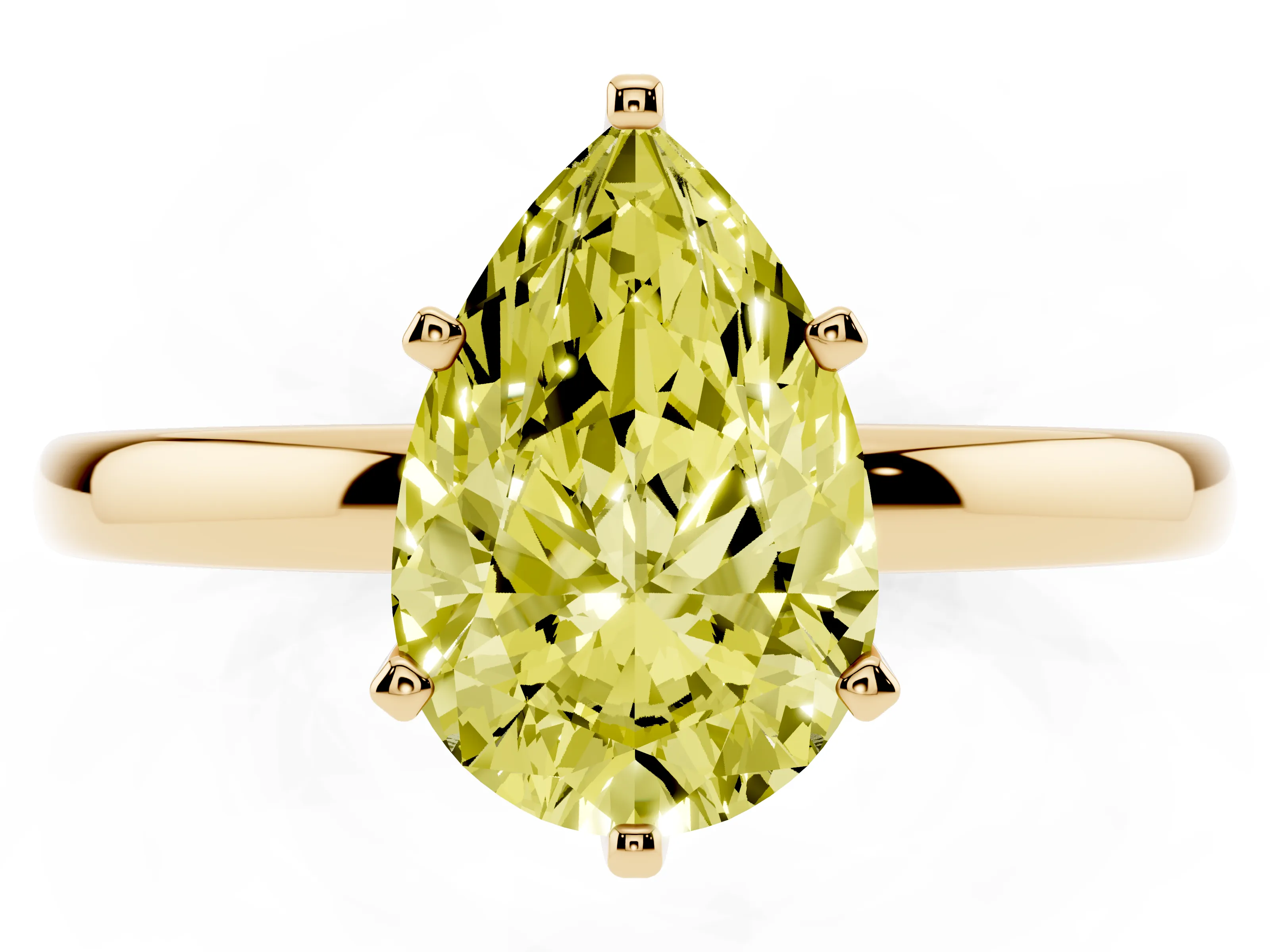 Fancy Yellow Pear Cut Diamond Solitaire Ring Set in Yellow gold with Raised Prong Setting on a Classic Band