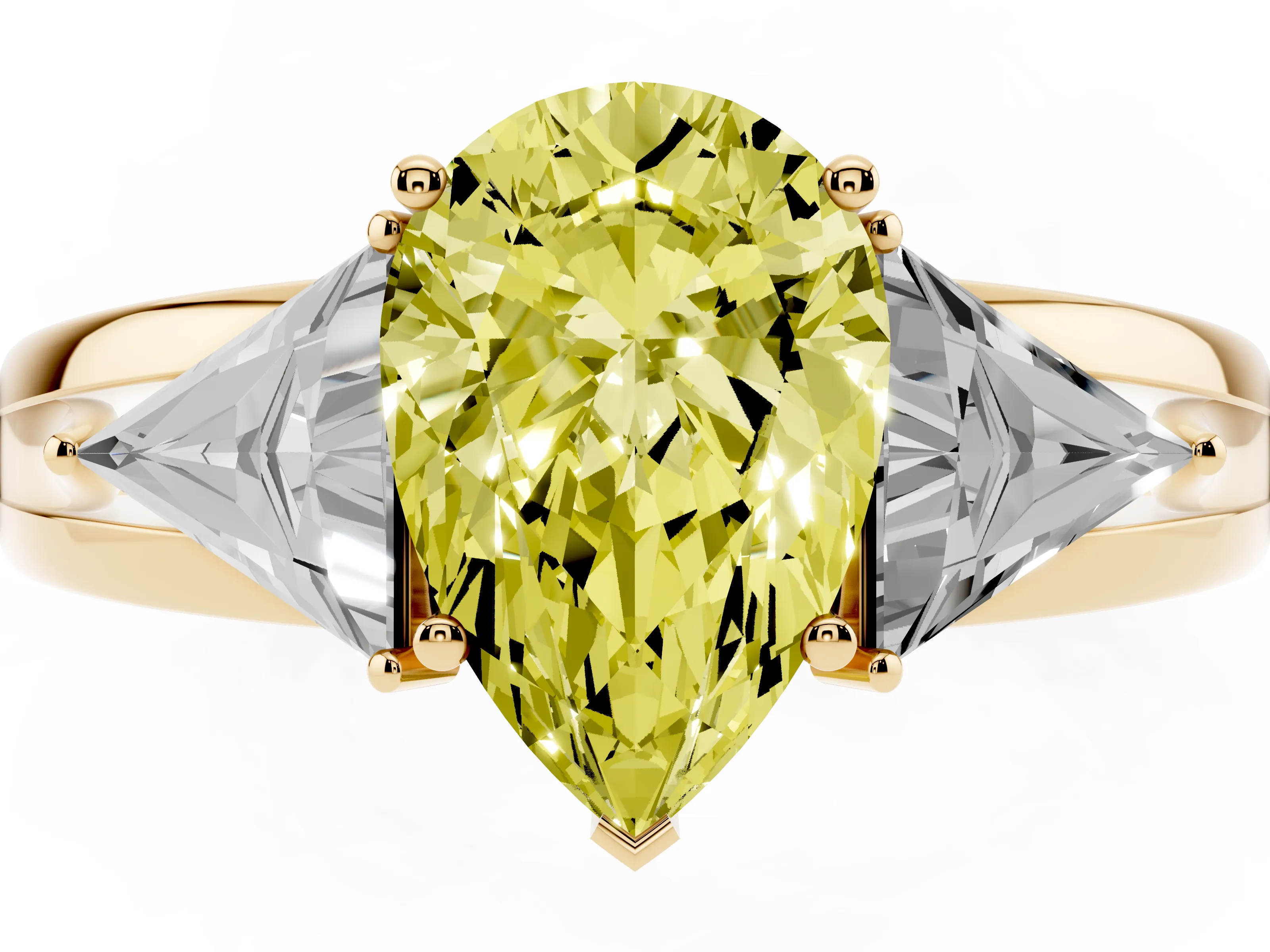 Fancy Yellow Pear Cut Diamond Three-Stone Ring Set in Yellow gold with Trillion Side Stones and Split Shank