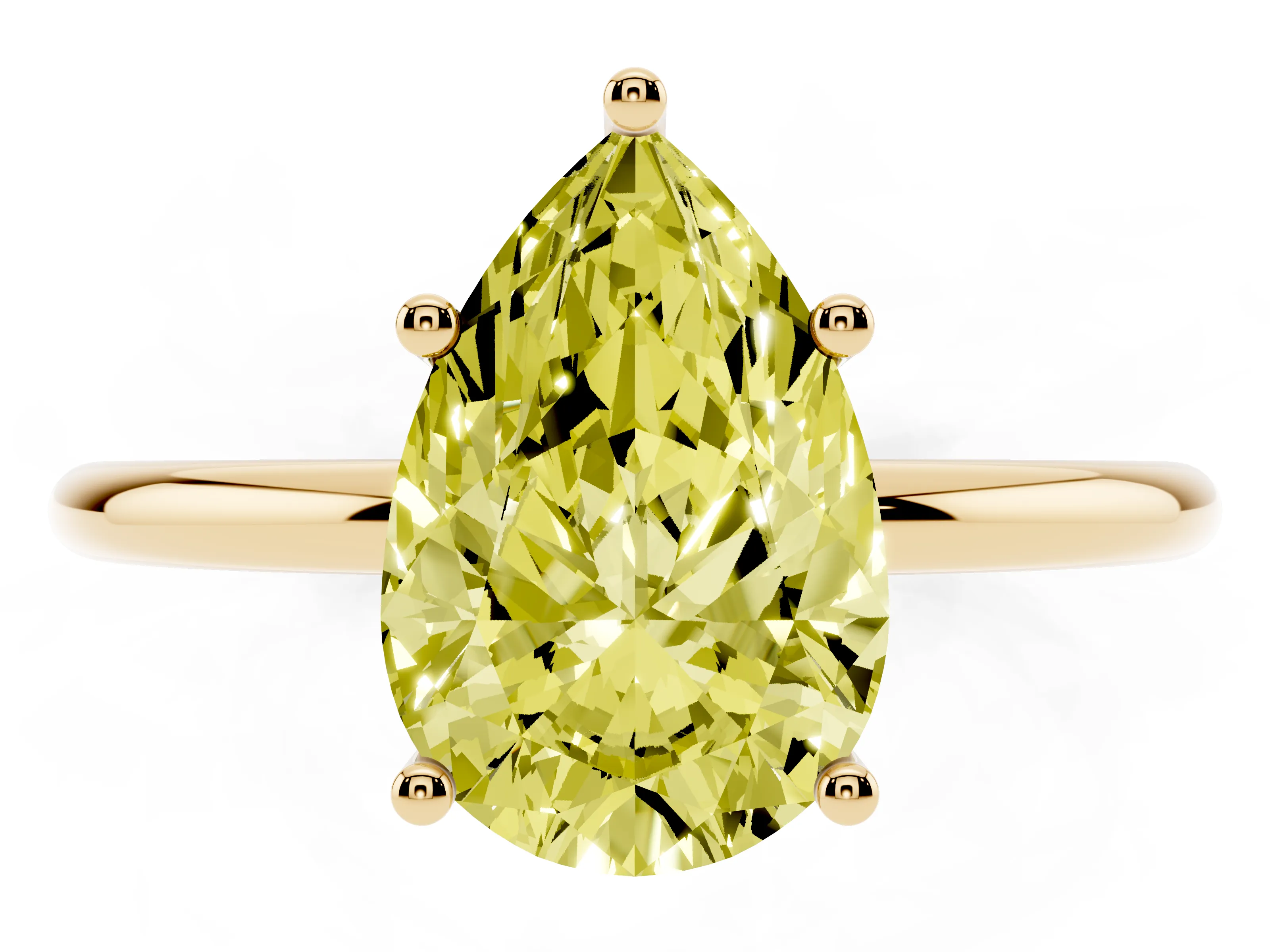 Fancy Yellow Pear Cut Diamond Solitaire Engagement Ring Set in Yellow gold with Thin Band and Prong Setting