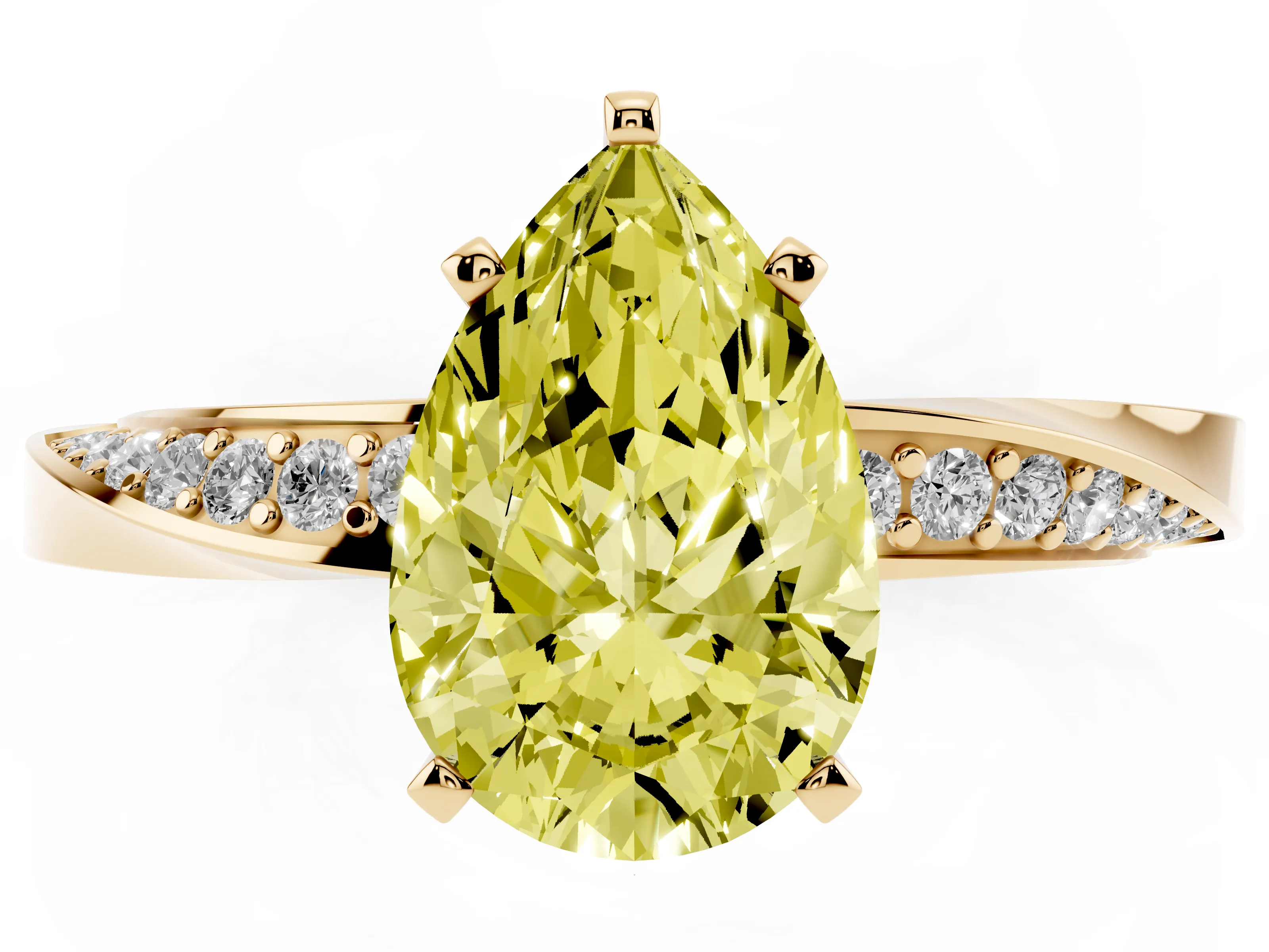 Fancy Yellow Pear Cut Diamond Engagement Ring Set in Yellow gold with Side Stone Accents and Prong Setting
