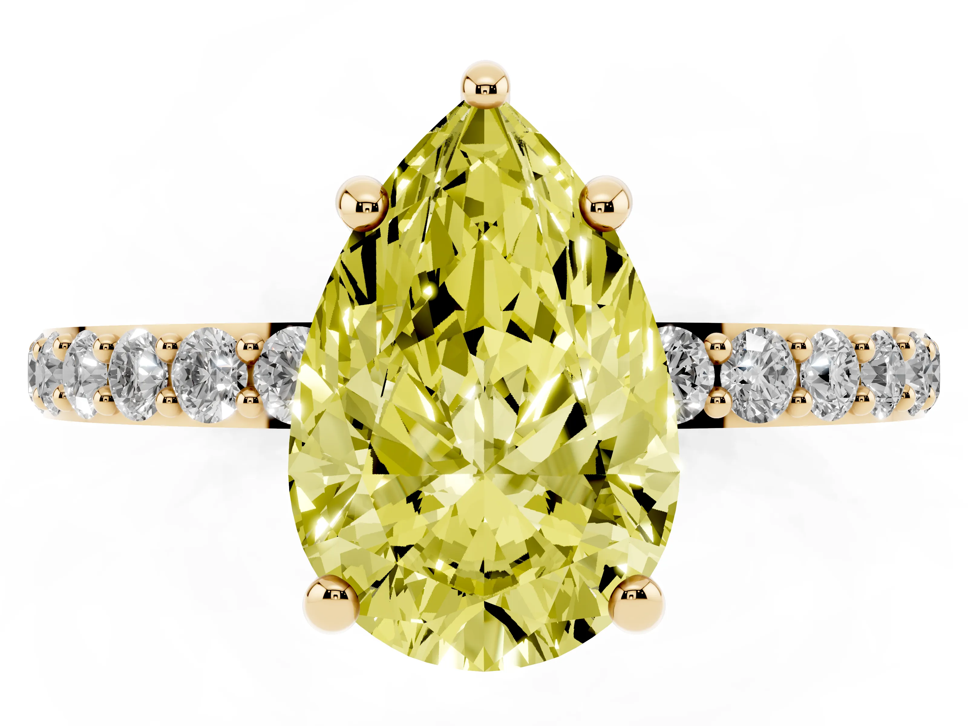 Fancy Yellow Pear Cut Diamond Solitaire Ring Set in Yellow gold with Round Pavé Band and Prong Setting