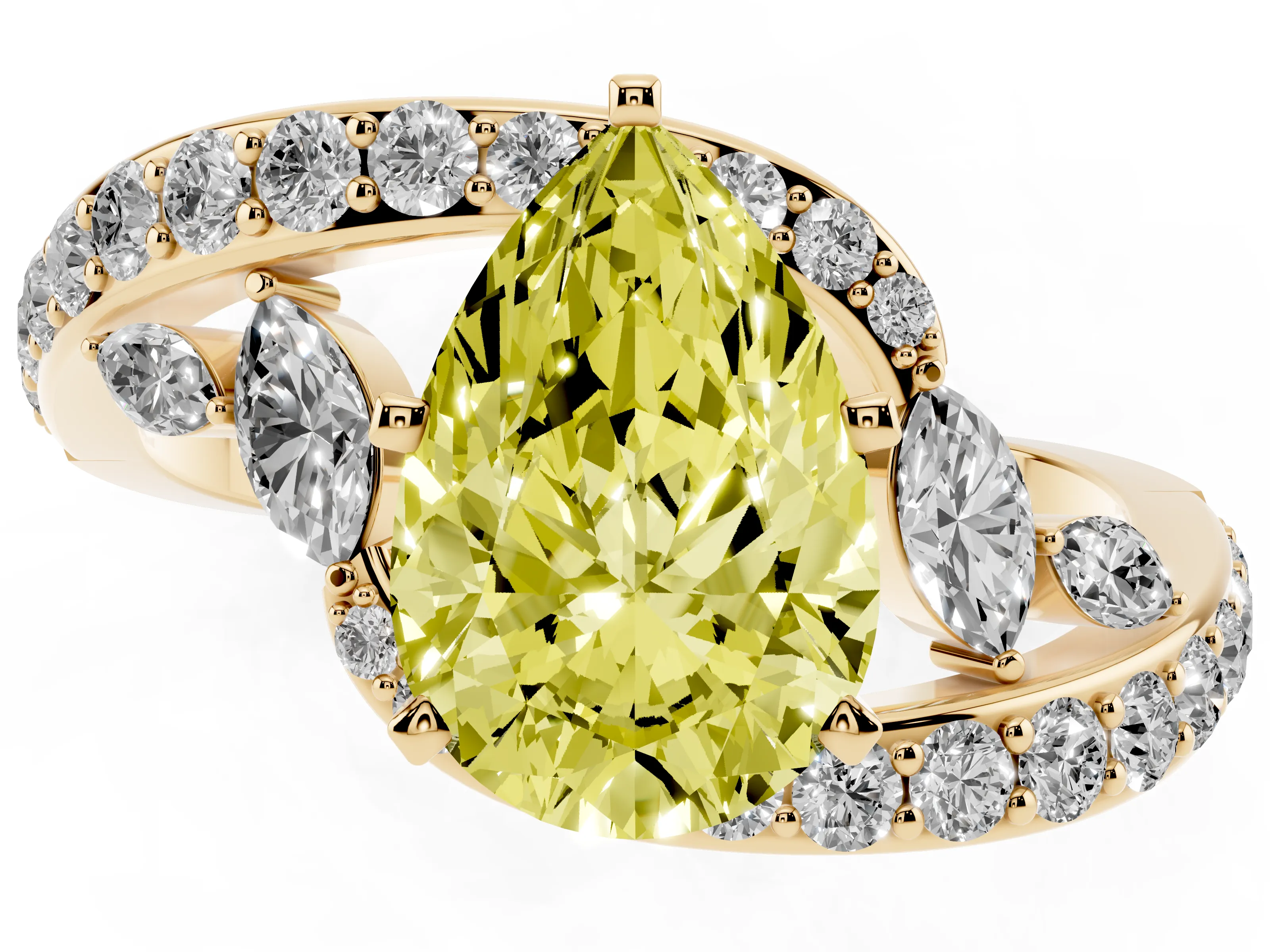 Fancy Yellow Pear Cut Diamond Solitaire Ring Set in Yellow gold with Pavé Twist Band and Secure Prong Setting