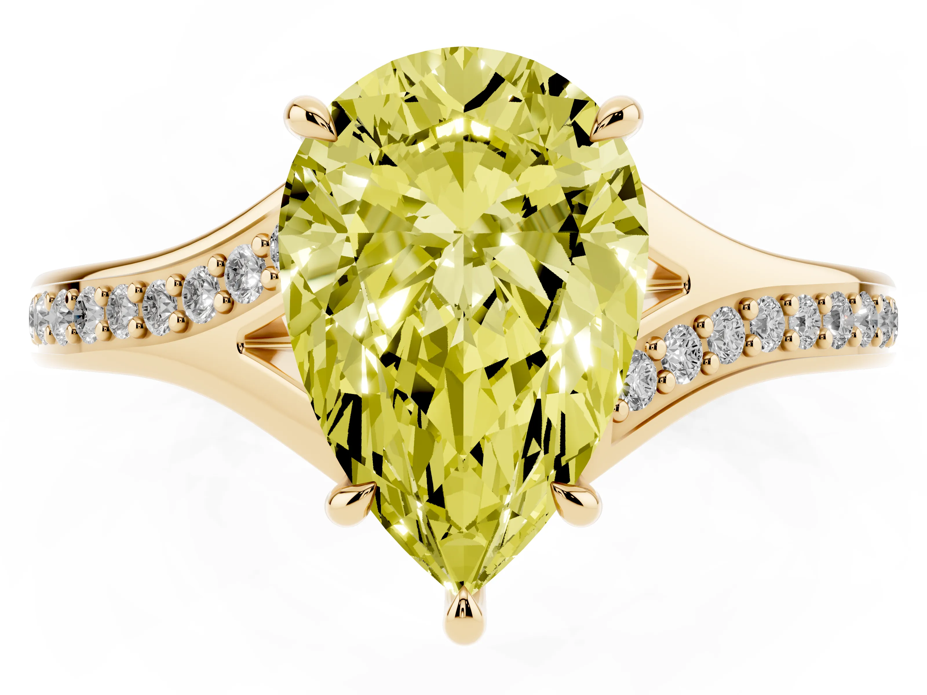 Fancy Yellow Pear Cut Diamond Solitaire Ring Set in Yellow gold with Pavé Accent Band and Classic Prong Setting