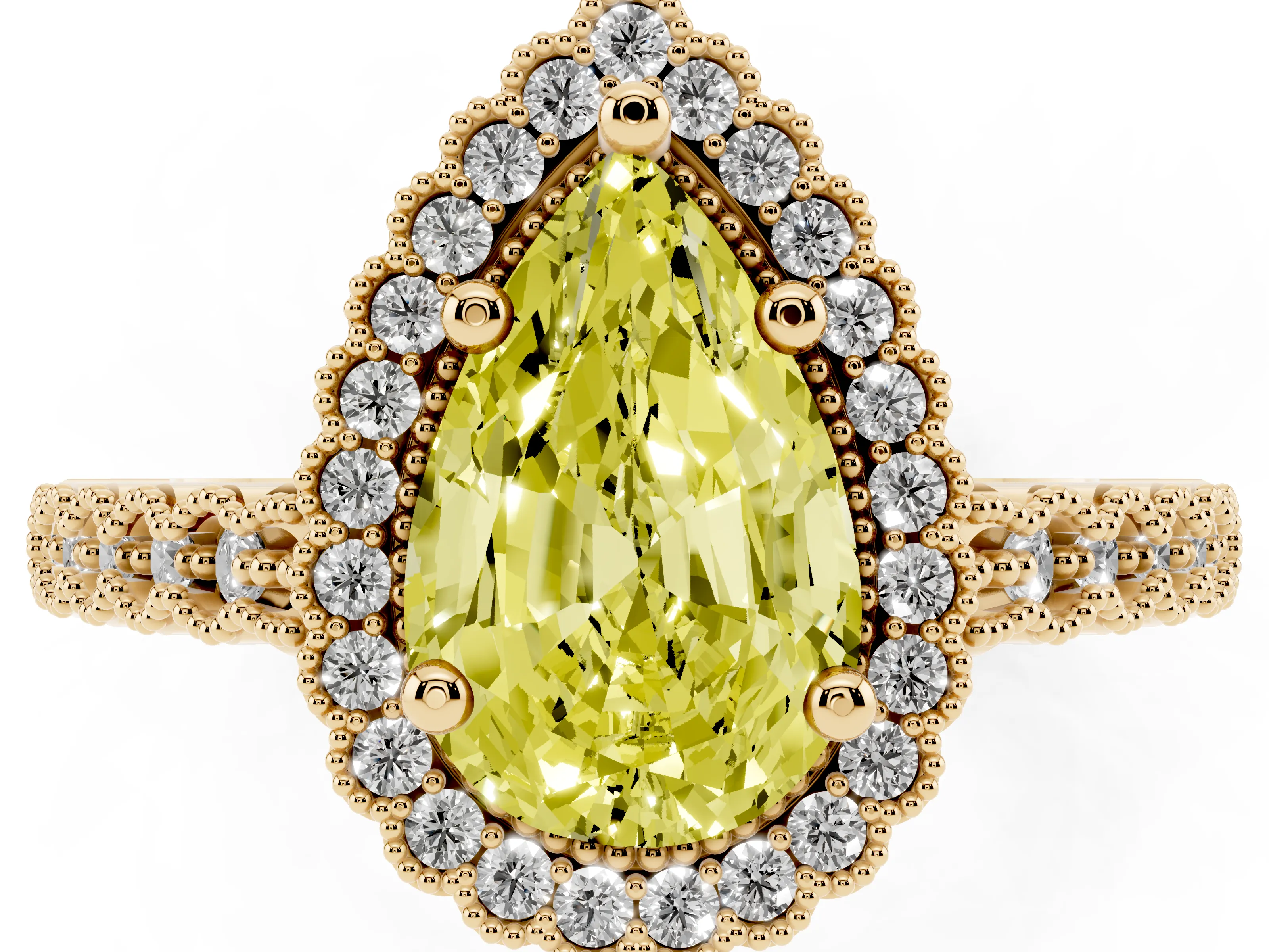 Fancy Yellow Pear Cut Diamond Halo Ring Set in Yellow gold with Pavé Milgrain Band