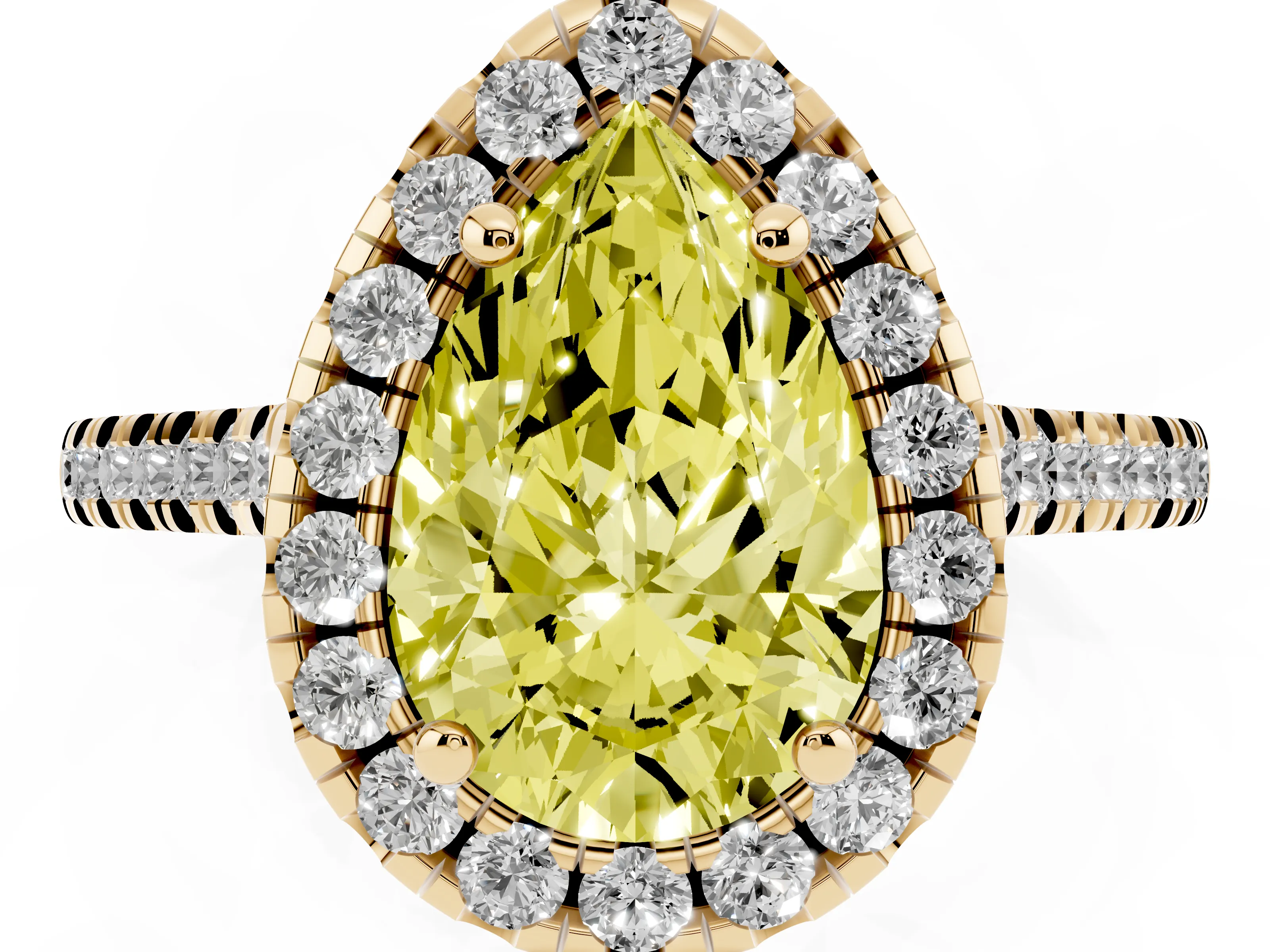 Fancy Yellow Pear Cut Diamond Cushion Halo Ring Set in Yellow gold with Pavé Band