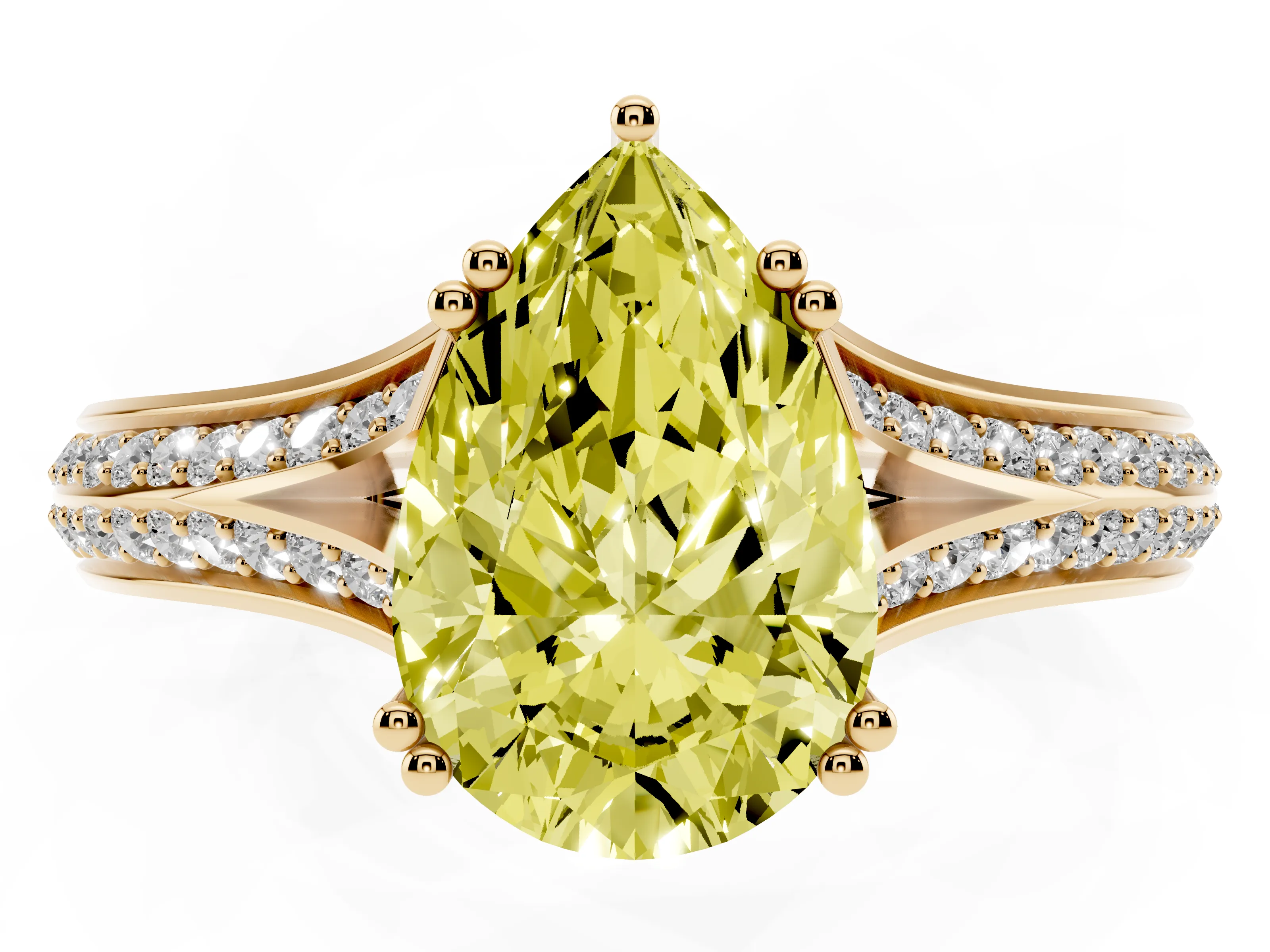 Fancy Yellow Pear Cut Diamond Split Shank Pavé Engagement Ring Set in Yellow gold with Prong-Set Center Stone