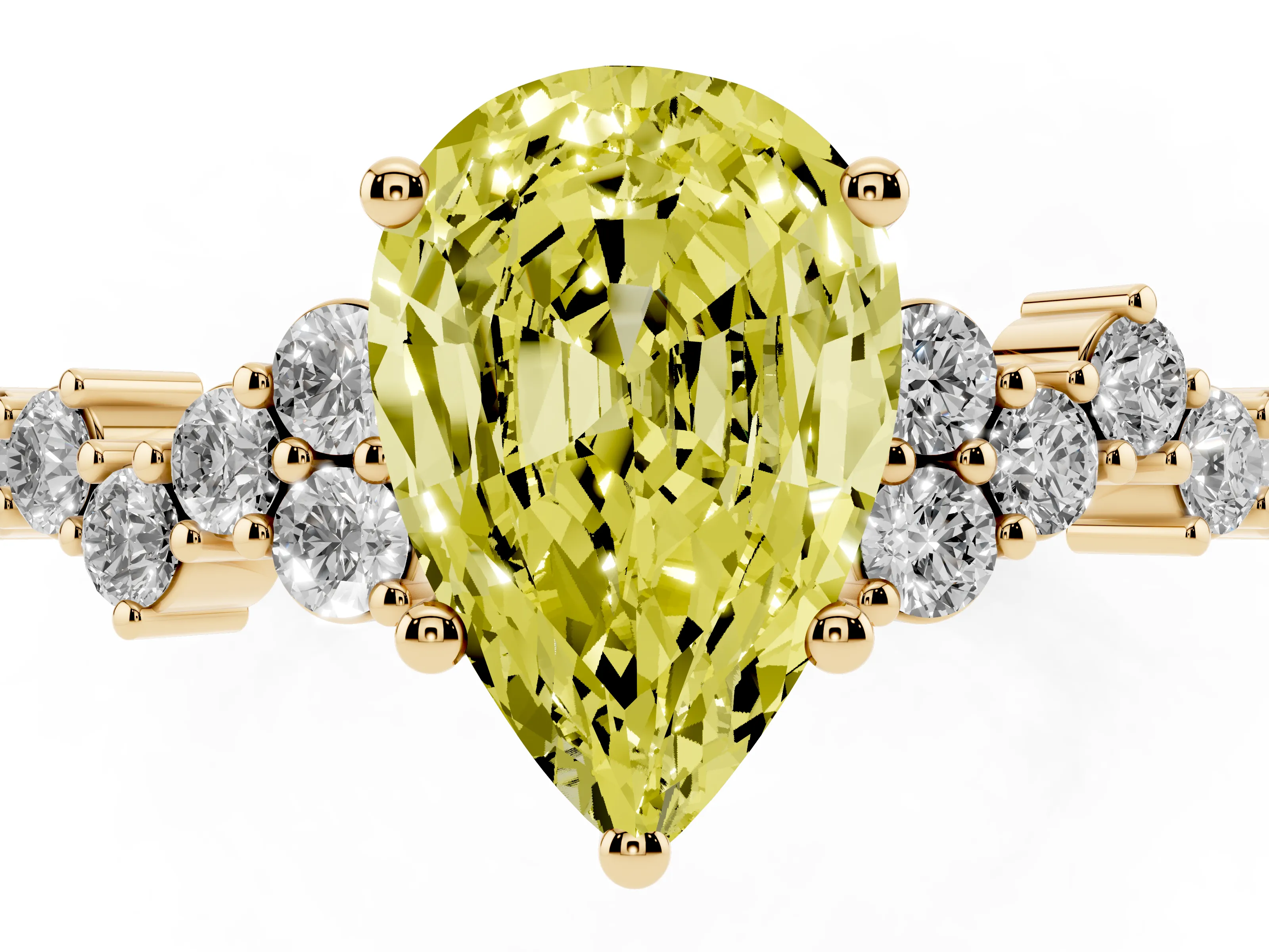 Fancy Yellow Pear Cut Diamond Ring Set in Yellow gold with Scattered Round Accents