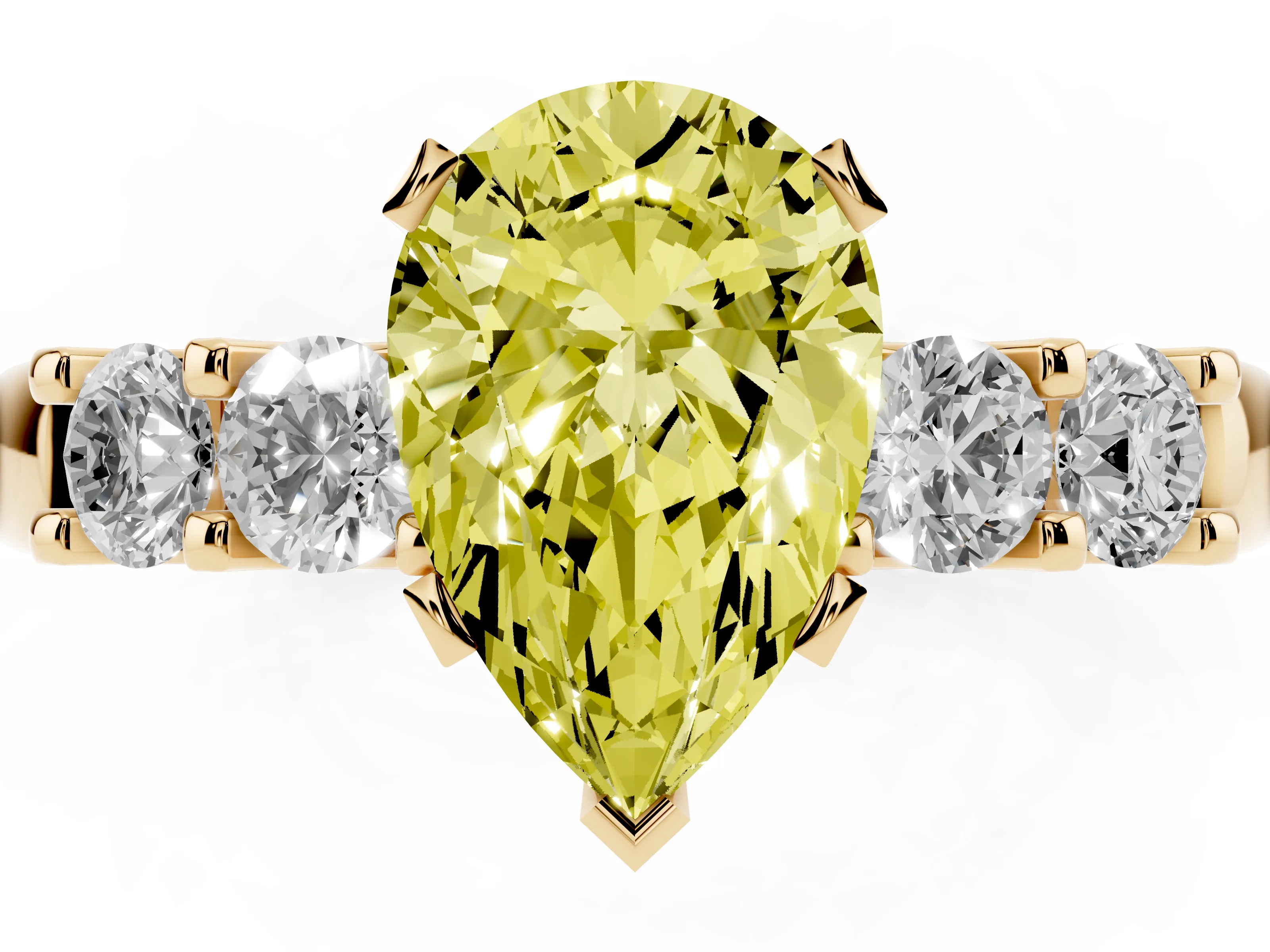 Fancy Yellow Pear Cut Diamond Five-Stone Prong Set Engagement Ring Set in Yellow gold with Channel Band