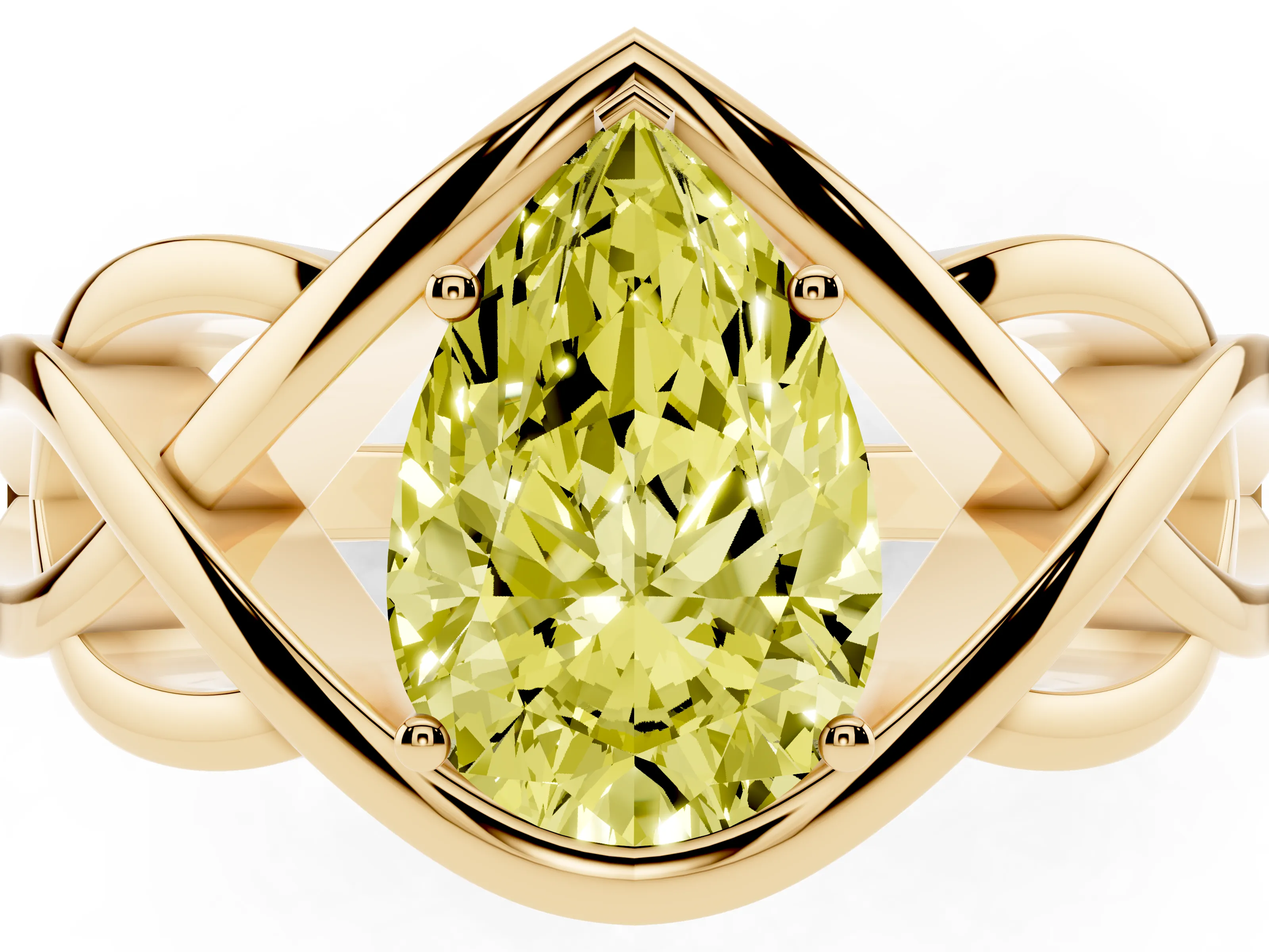 Fancy Yellow Pear Cut Diamond Solitaire Ring Set in Yellow gold with Intertwined Band