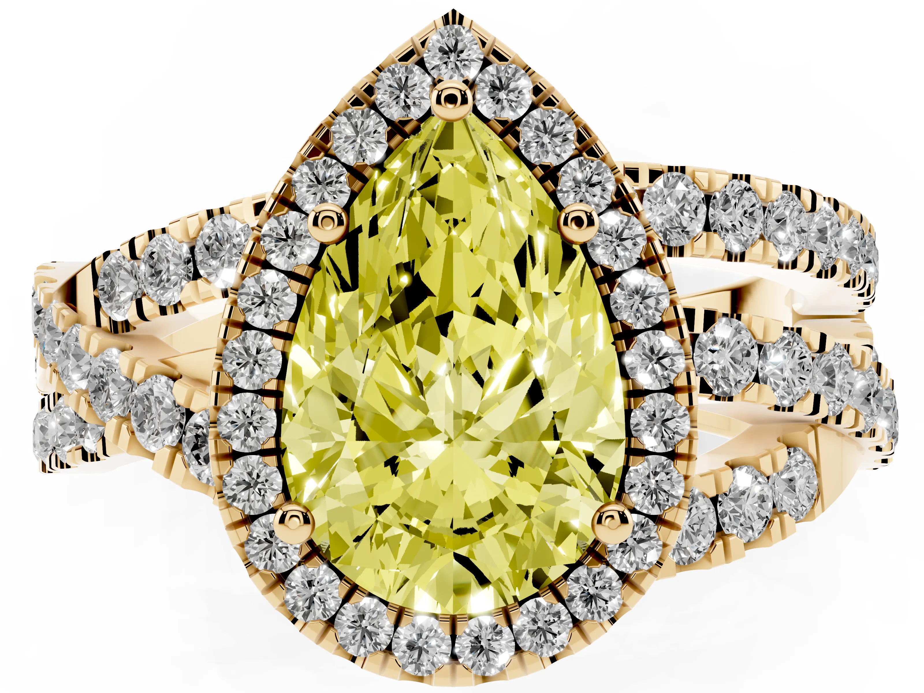 Fancy Yellow Pear Cut Diamond Halo Ring Set in Yellow gold with Round Crossover Split Shank and Prong Setting