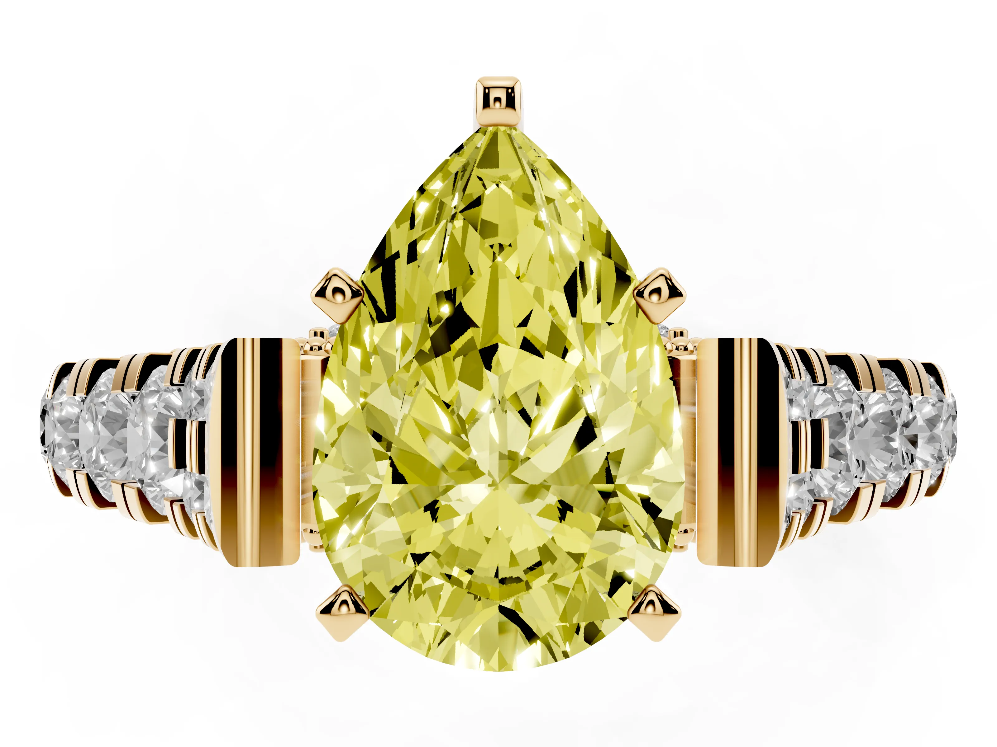Fancy Yellow Pear Cut Diamond Classic Solitaire Ring Set in Yellow gold with Pavé Band and Prong Setting