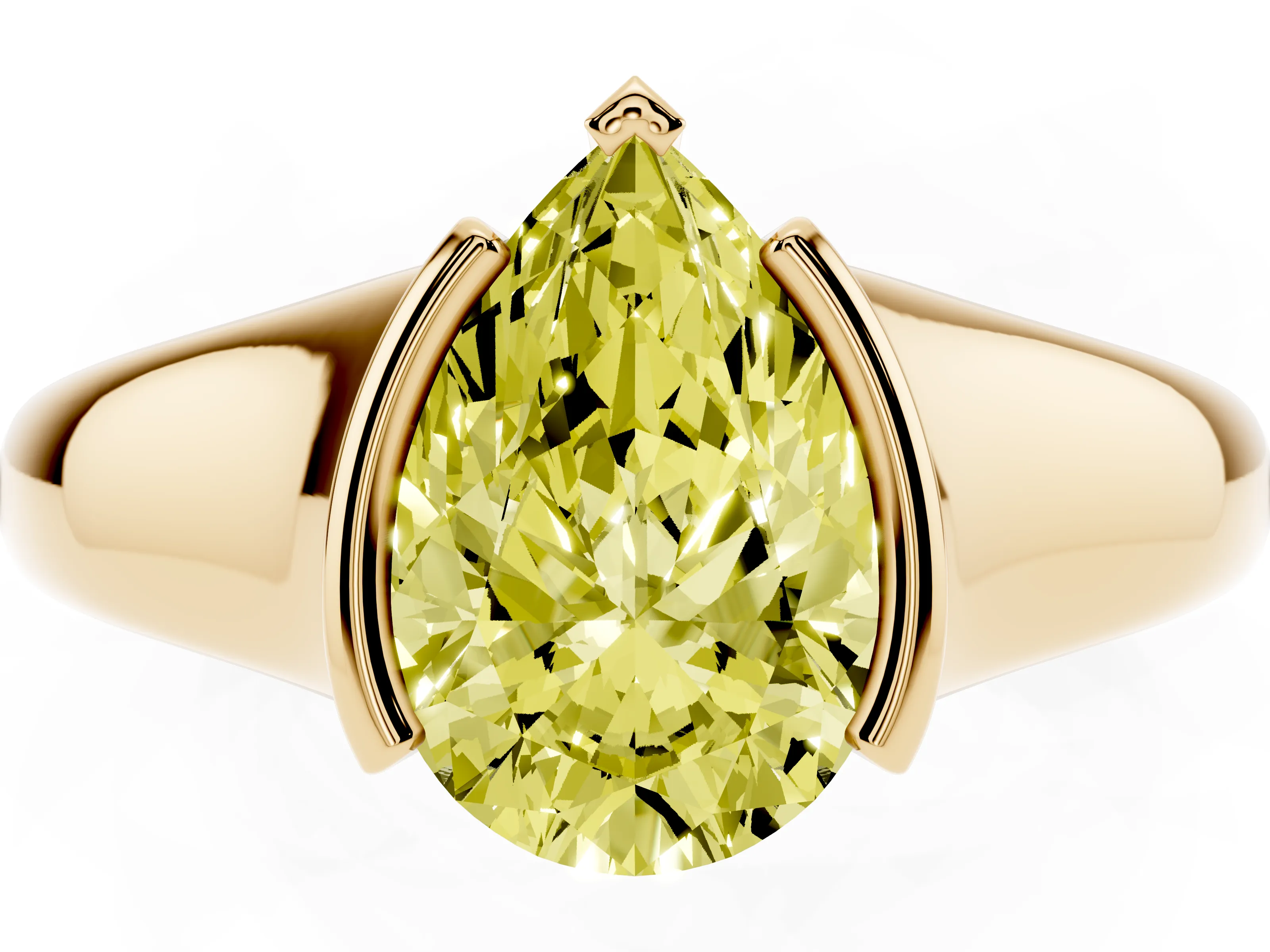 Fancy Yellow Pear Cut Diamond Solitaire Tension Set Ring Set in Yellow gold with Split Shank Band