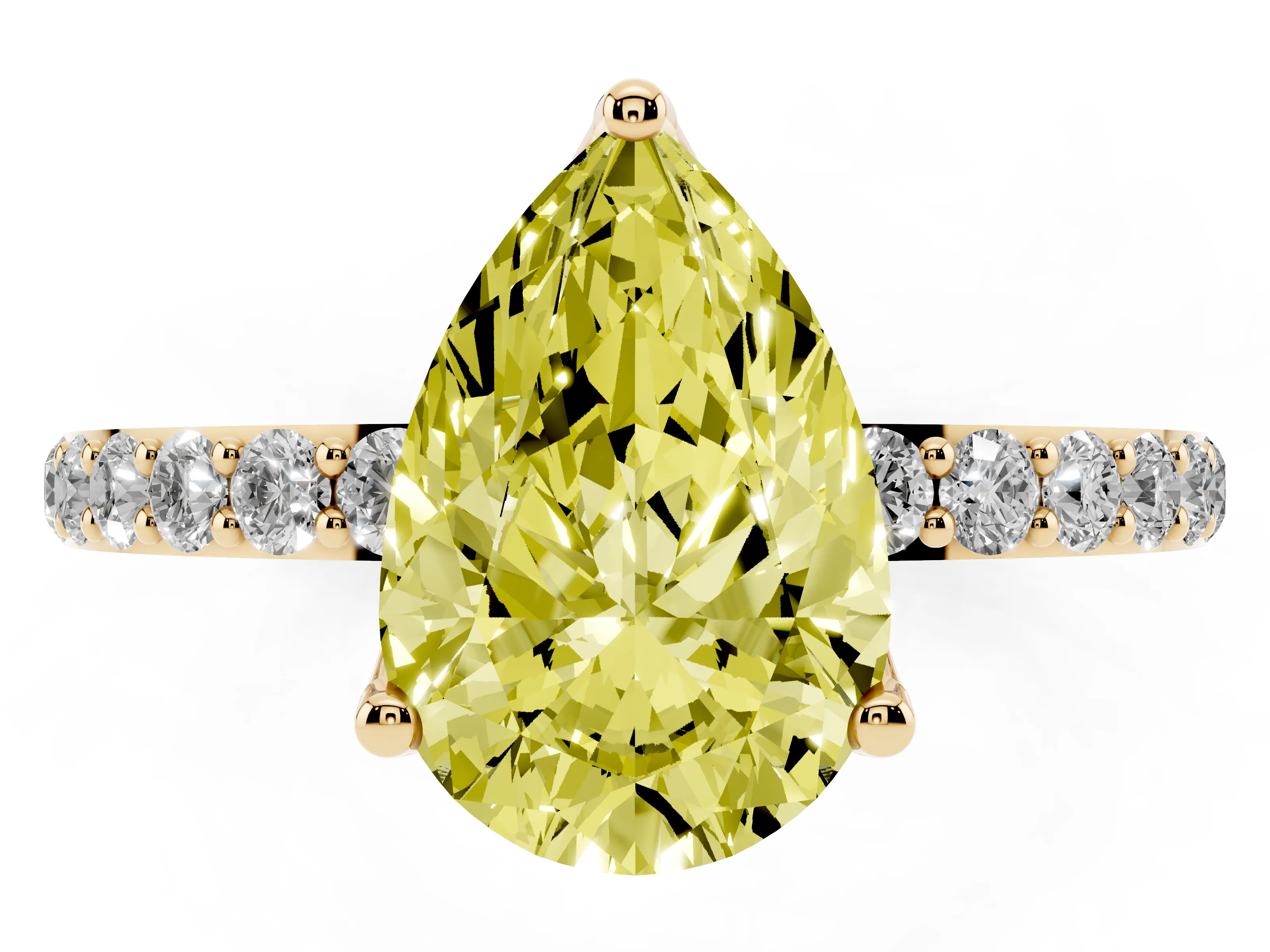 Fancy Yellow Pear Cut Diamond Solitaire Engagement Ring Set in Yellow gold with Round Pavé Band and Prong Setting