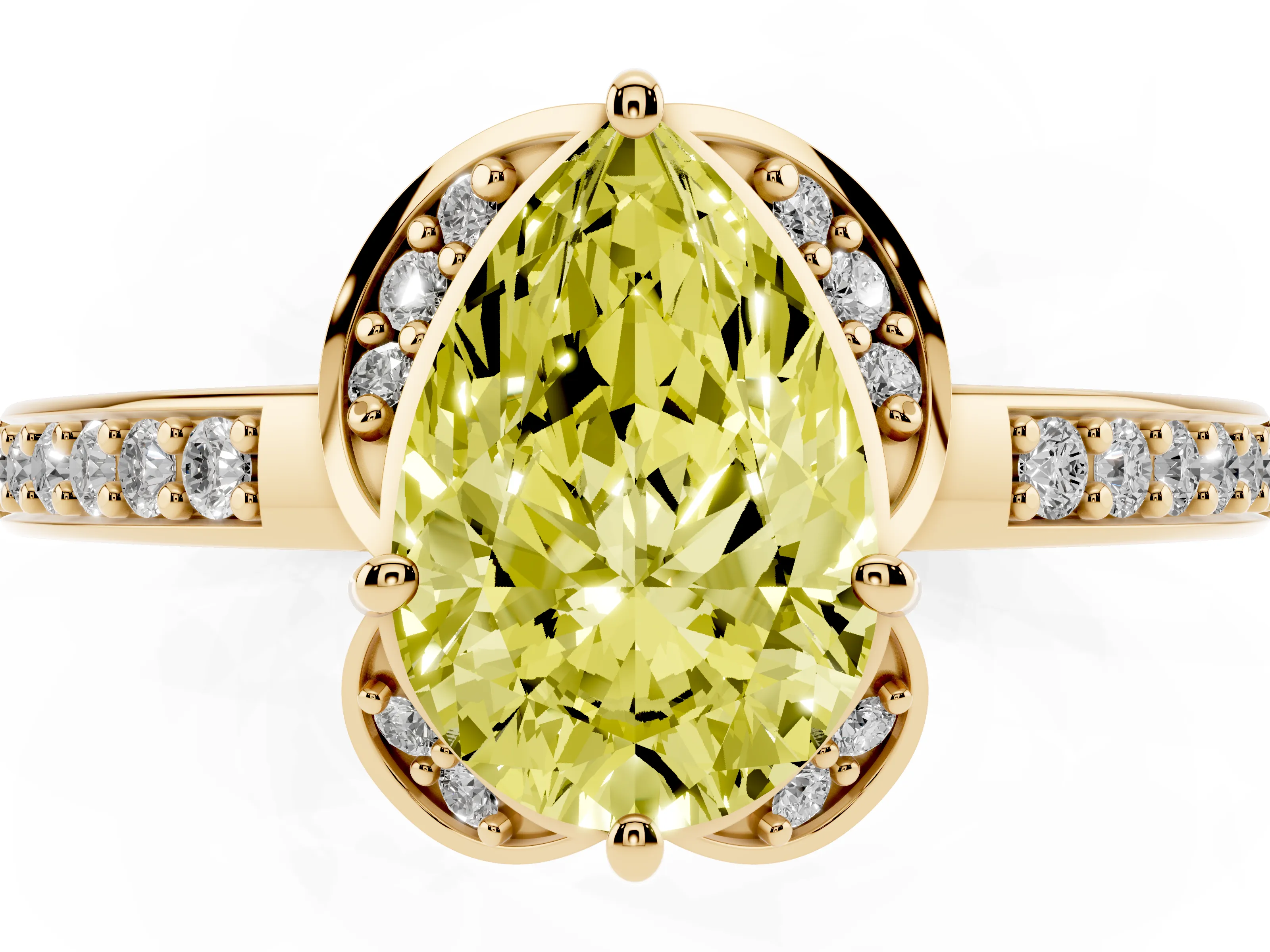 Fancy Yellow Pear Cut Diamond Halo Ring Set in Yellow gold with Channel Set Band and Prong Setting