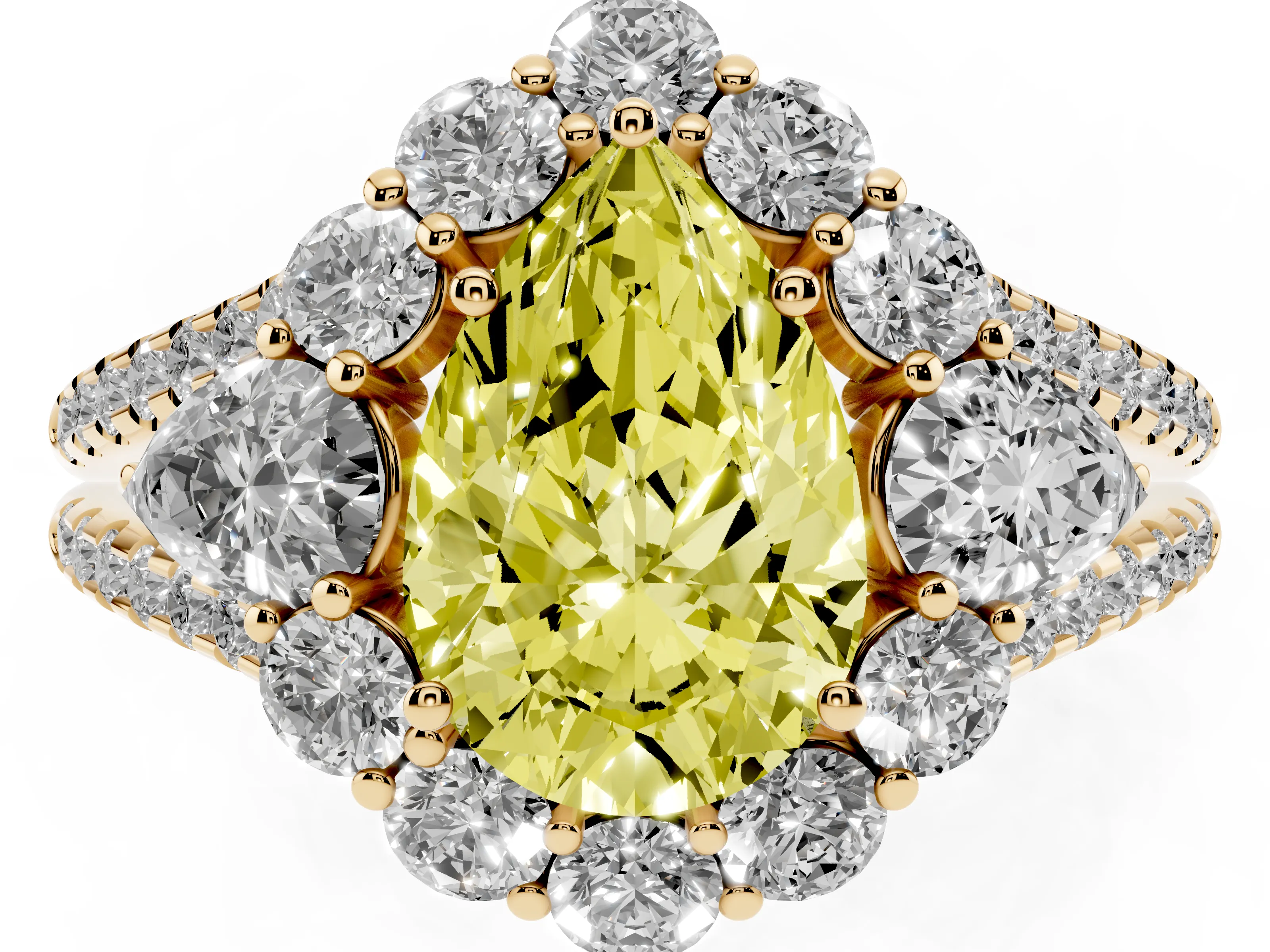 Fancy Yellow Pear Cut Diamond Halo Split Shank Engagement Ring Set in Yellow gold with Prong-Held Center Stone