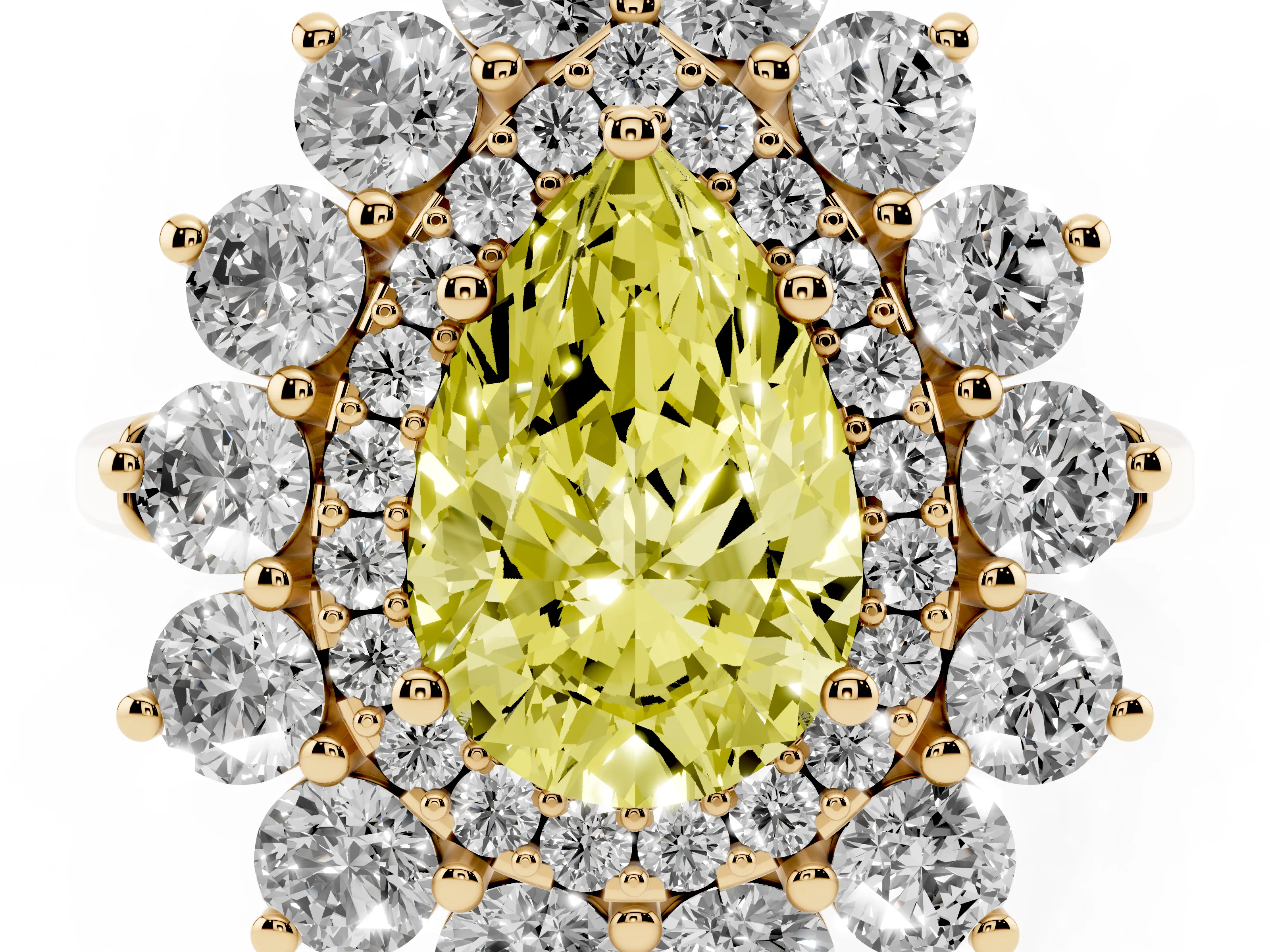Fancy Yellow Pear Cut Diamond Floral Double Halo Ring Set in Yellow gold with Round Petals