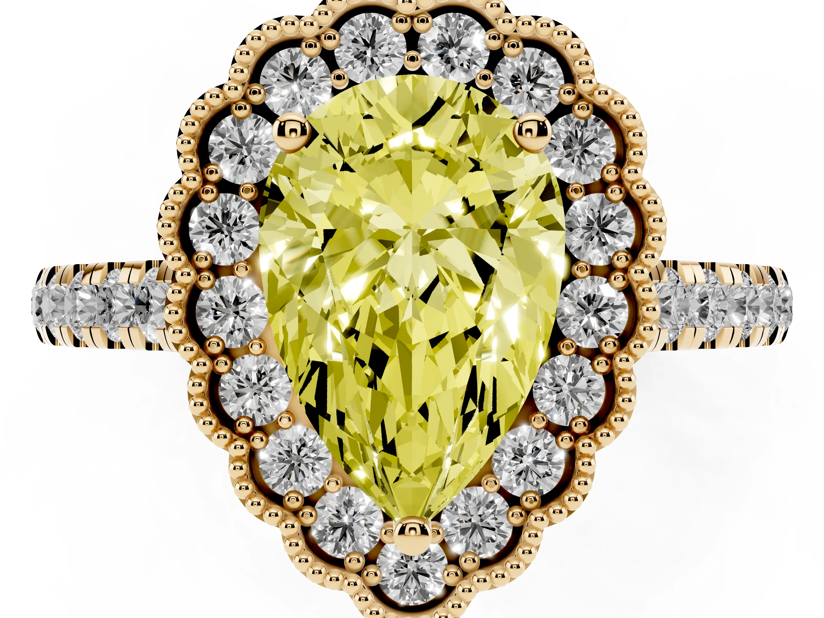 Fancy Yellow Pear Cut Diamond Milgrain Floral Halo Engagement Ring Set in Yellow gold with Pavé Band